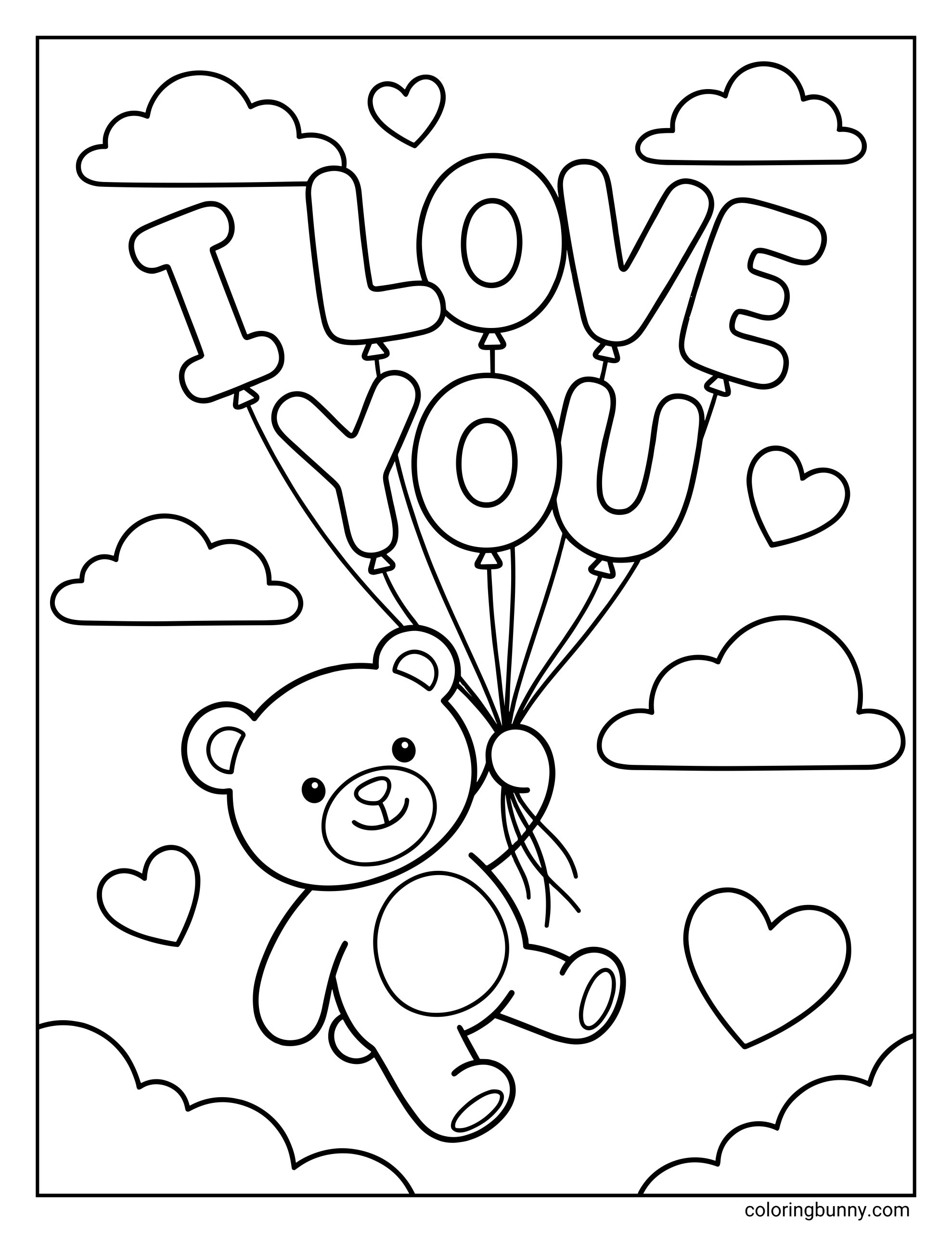 An easy I Love You coloring page for kids showing a cute teddy bear holding a bunch of letter-shaped balloons that spell "I LOVE YOU" against a background of clouds and hearts.