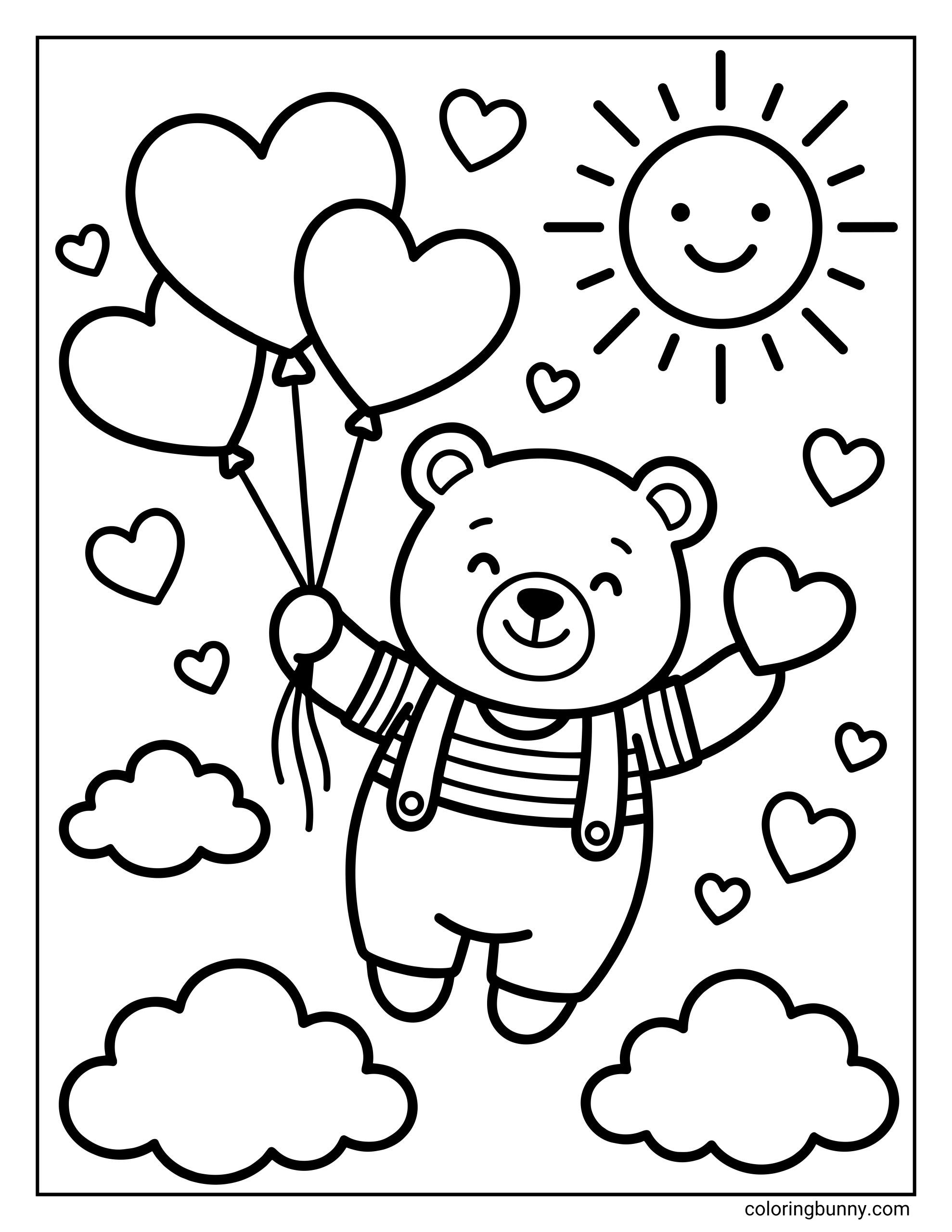 A hearts coloring page showing a smiling bear wearing overalls and holding several heart-shaped balloons, floating among clouds with a smiling sun and small heart shapes in simple black-and-white outlines.