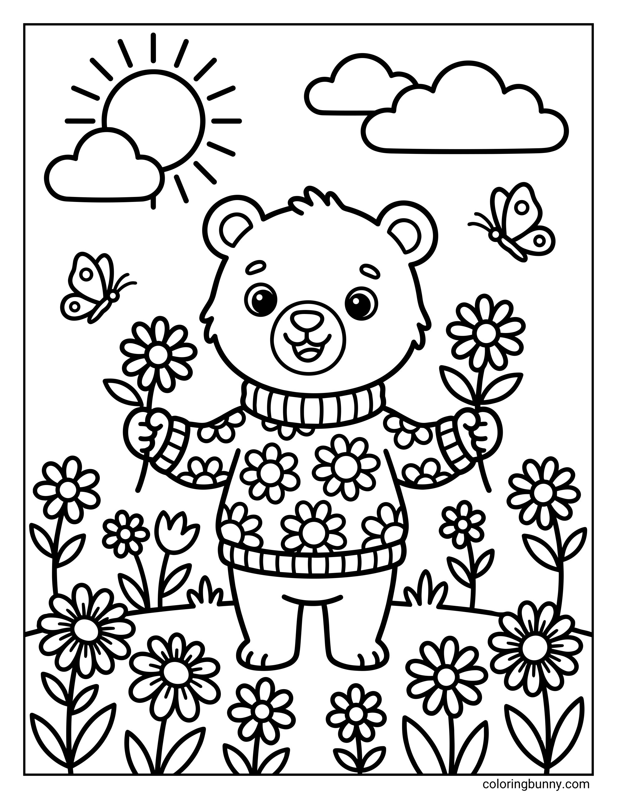 A kids coloring page of a friendly bear named Barnaby wearing a floral-patterned sweater while holding two daisies in a sunny meadow filled with flowers and butterflies.