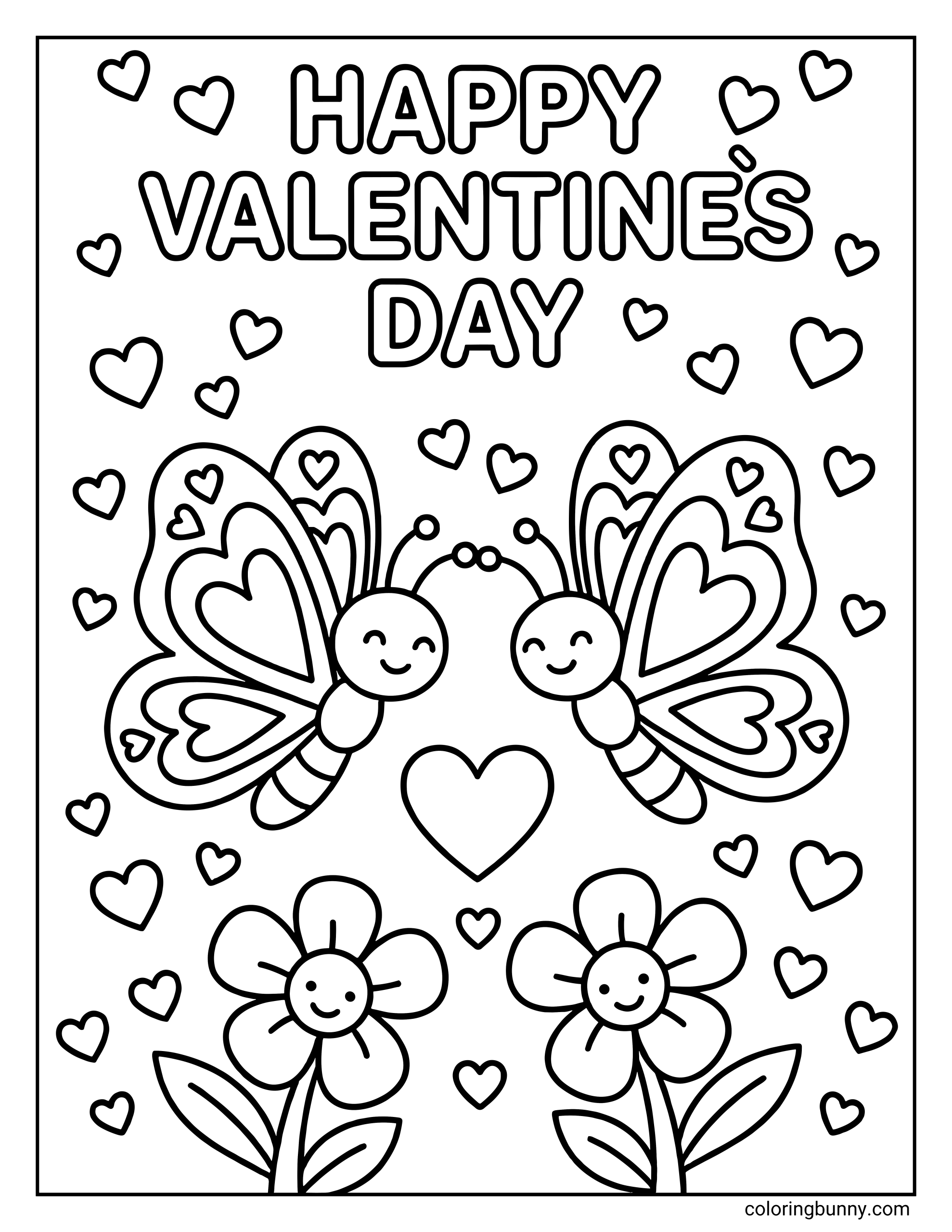A coloring page of two butterflies with heart patterned wings flying towards each other over two smiling flowers surrounded by floating hearts under the text HAPPY VALENTINES DAY