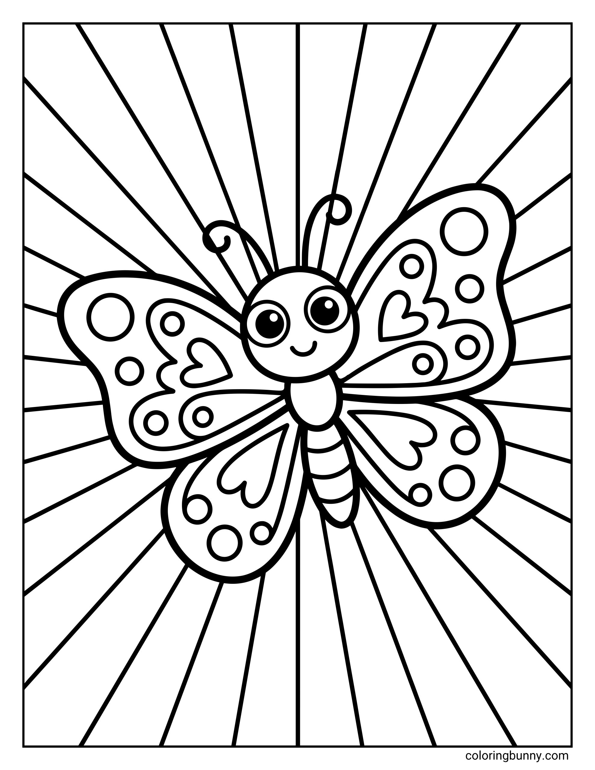 A coloring page of a cute butterfly with heart patterns on its wings flying in front of a background of radiating lines.