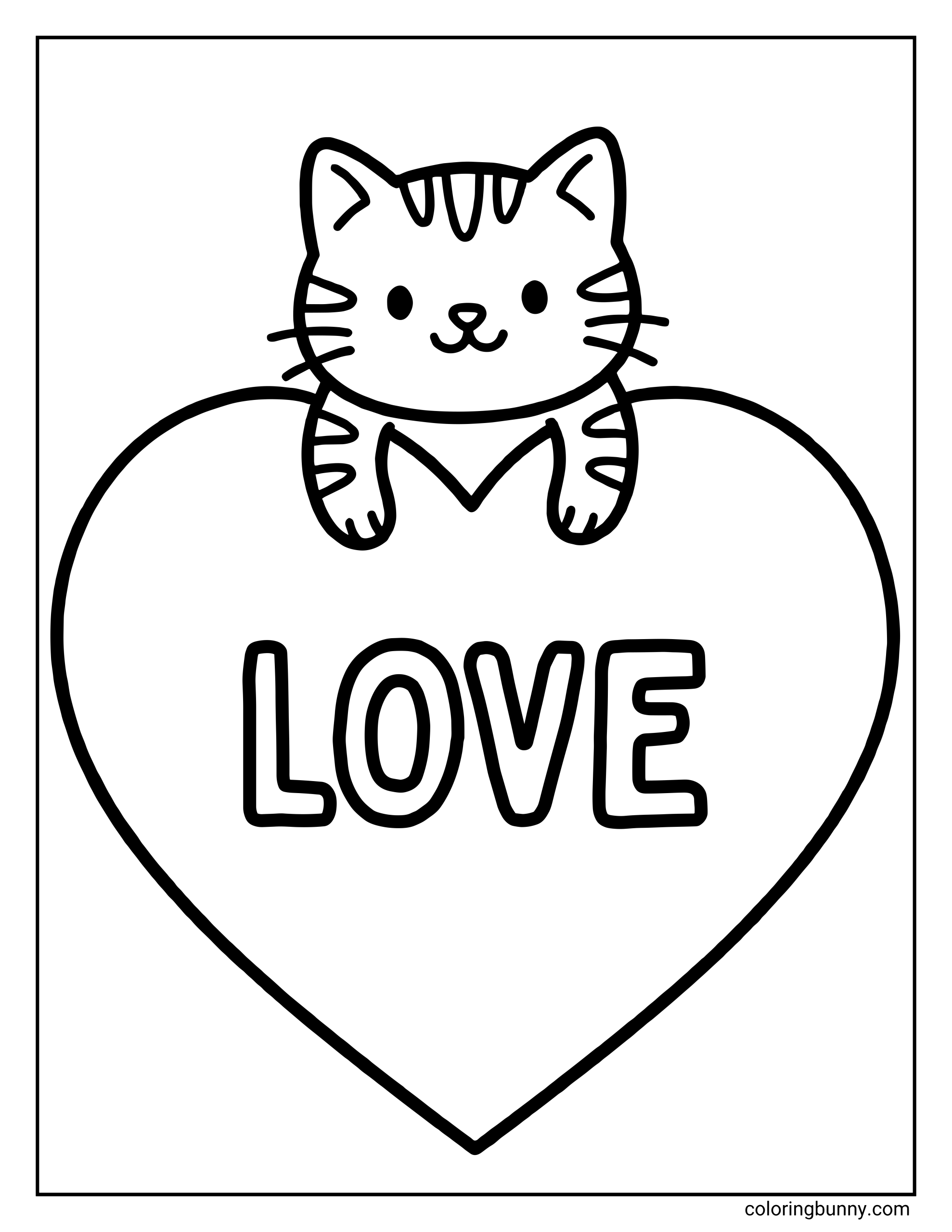A simple heart coloring page for children featuring a cute, striped kitten looking over a large heart that has the word "LOVE" written in bubble letters.