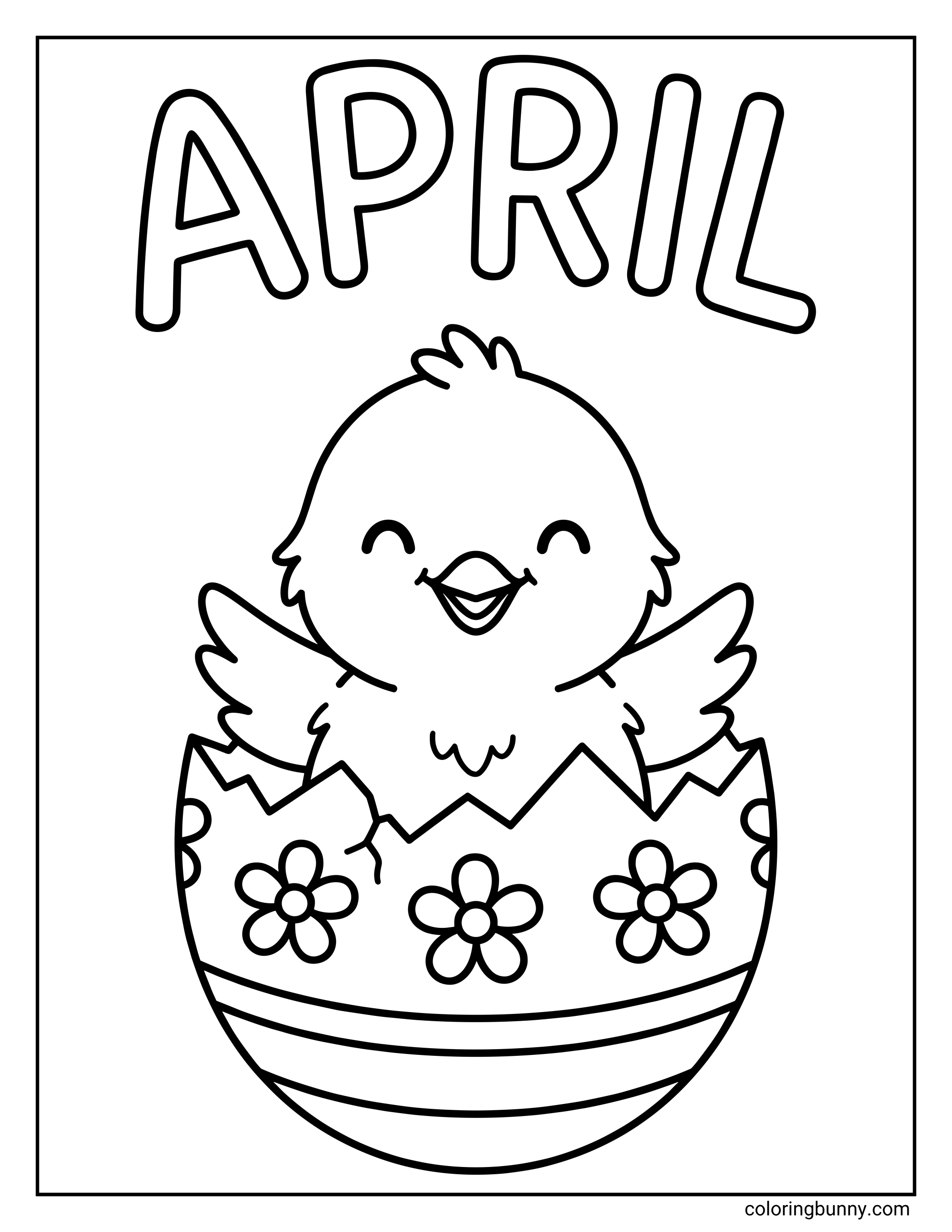 A cute coloring page featuring the text "APRIL" above a smiling baby chick hatching out of a decorated Easter egg with flowers.
