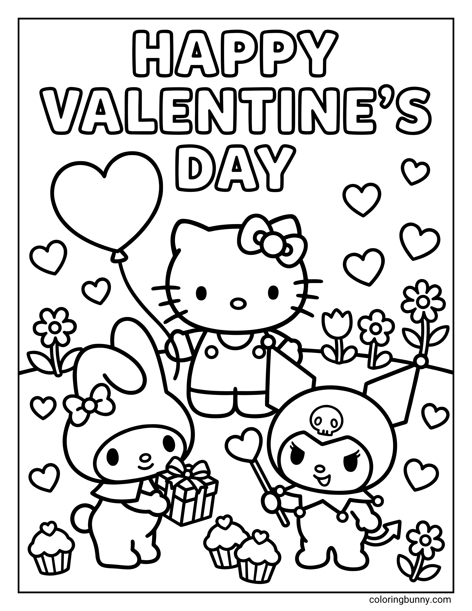 A Sanrio Valentine's Day coloring page of Hello Kitty with a heart balloon, My Melody holding a gift, and Kuromi with a heart wand in a garden of flowers and cupcakes under the words 'HAPPY VALENTINE'S DAY'.