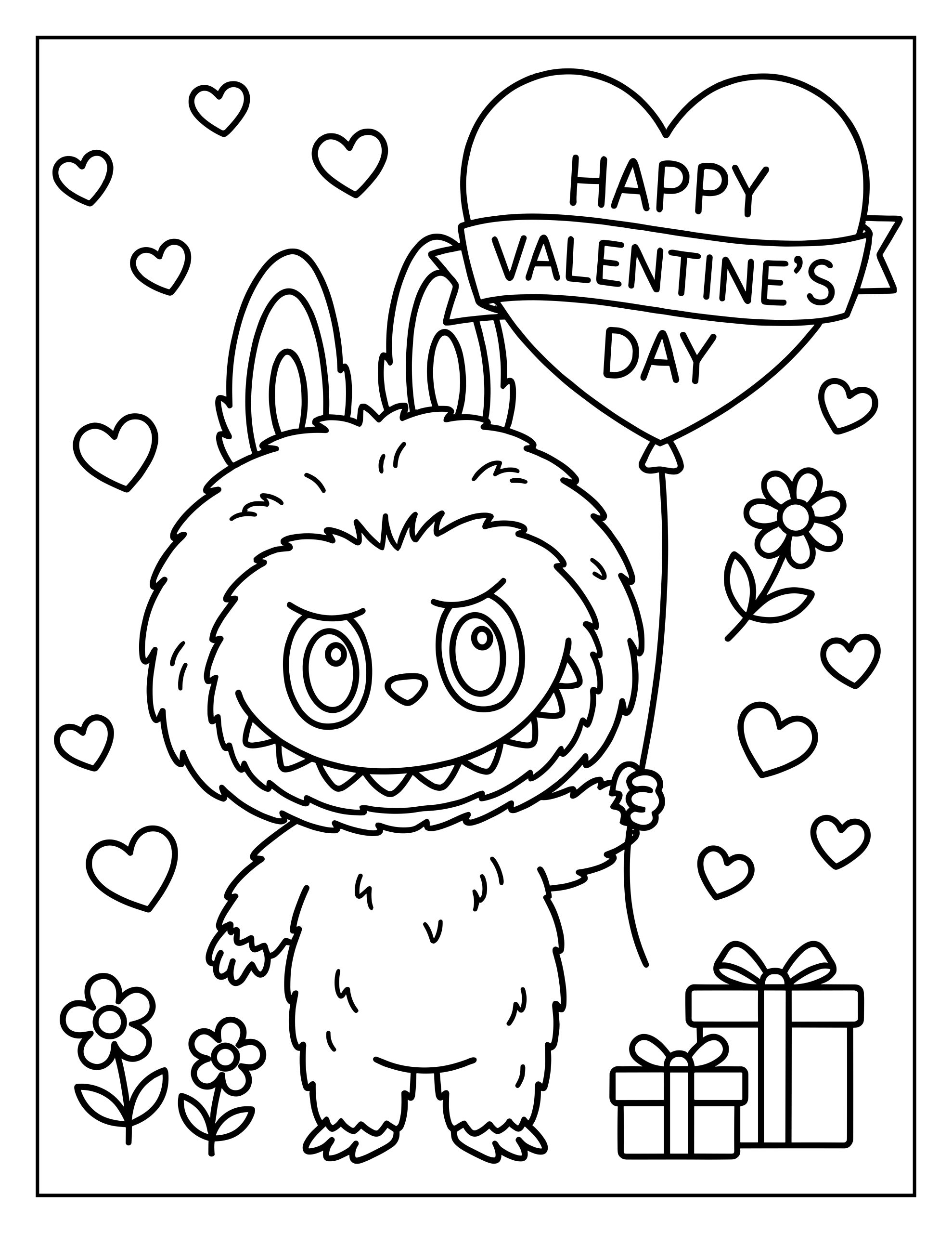 A cute Valentine’s Day coloring page featuring Labubu holding a heart-shaped balloon with the text “Happy Valentine’s Day” written across it. Labubu is surrounded by small floating hearts, flowers, and two wrapped gift boxes near the bottom of the page.