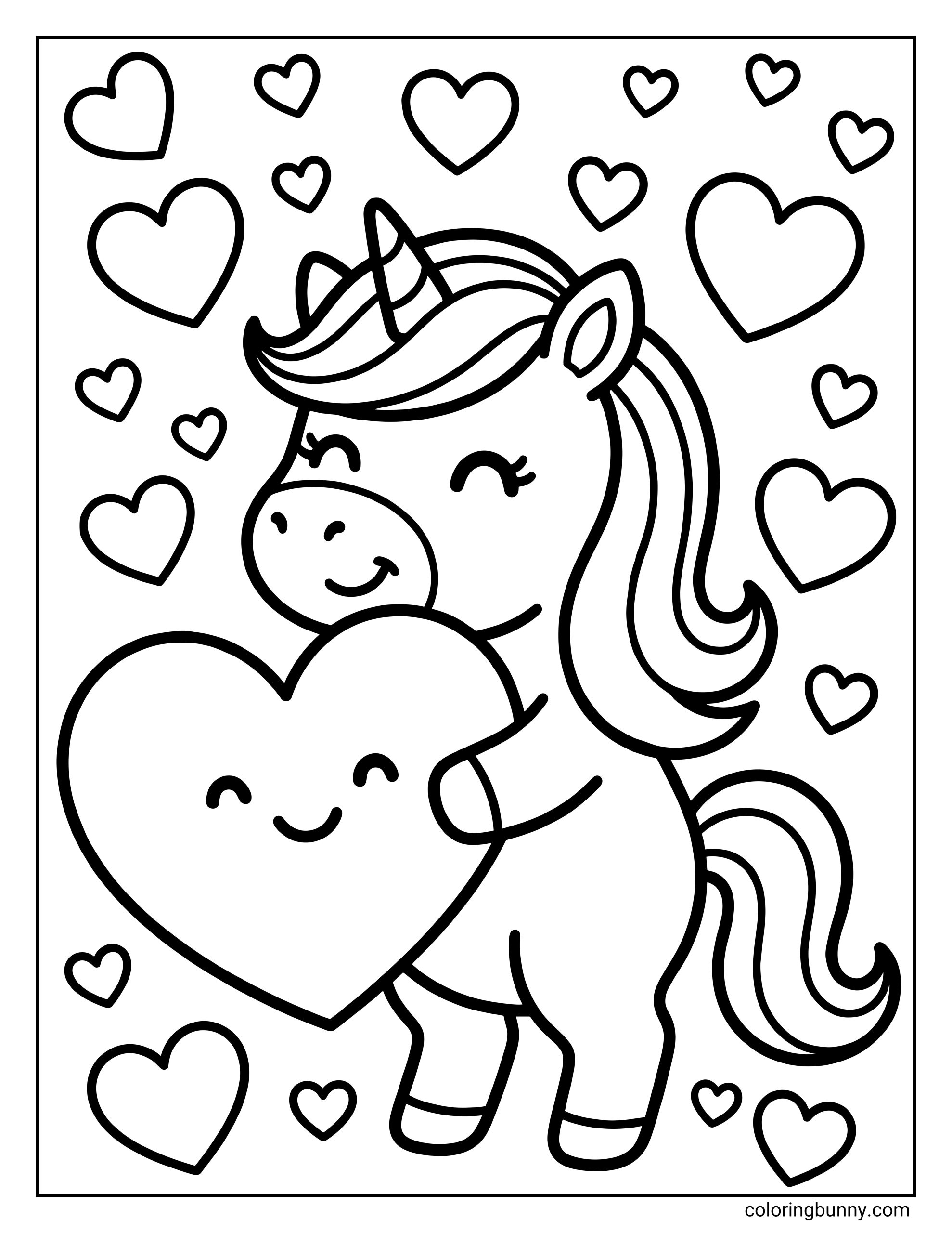 A heart coloring sheet of a happy little unicorn embracing a giant heart with a smiley face and many floating background hearts.