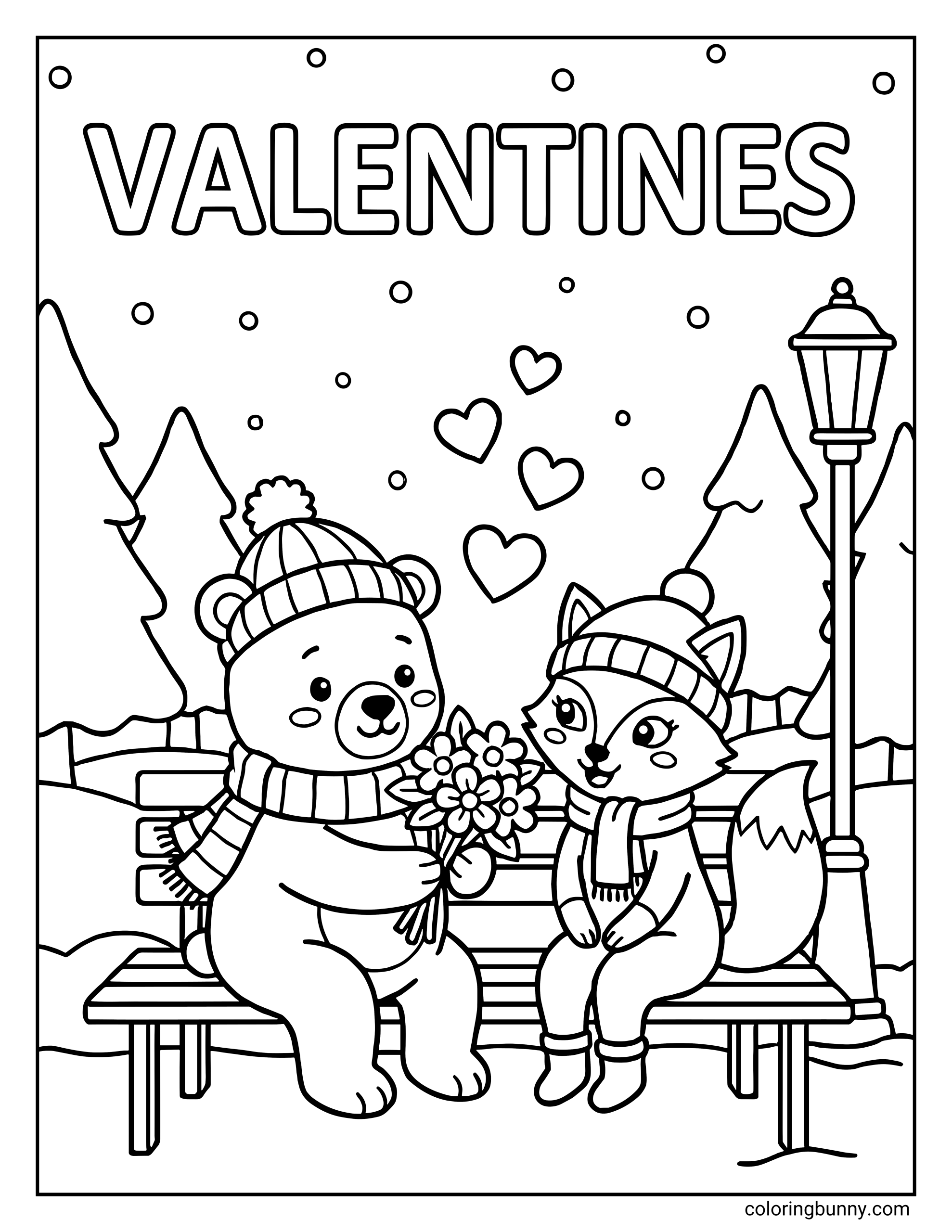 A coloring page featuring the word valentines above a cute bear giving flowers to a fox on a park bench, surrounded by hearts and pine trees.
