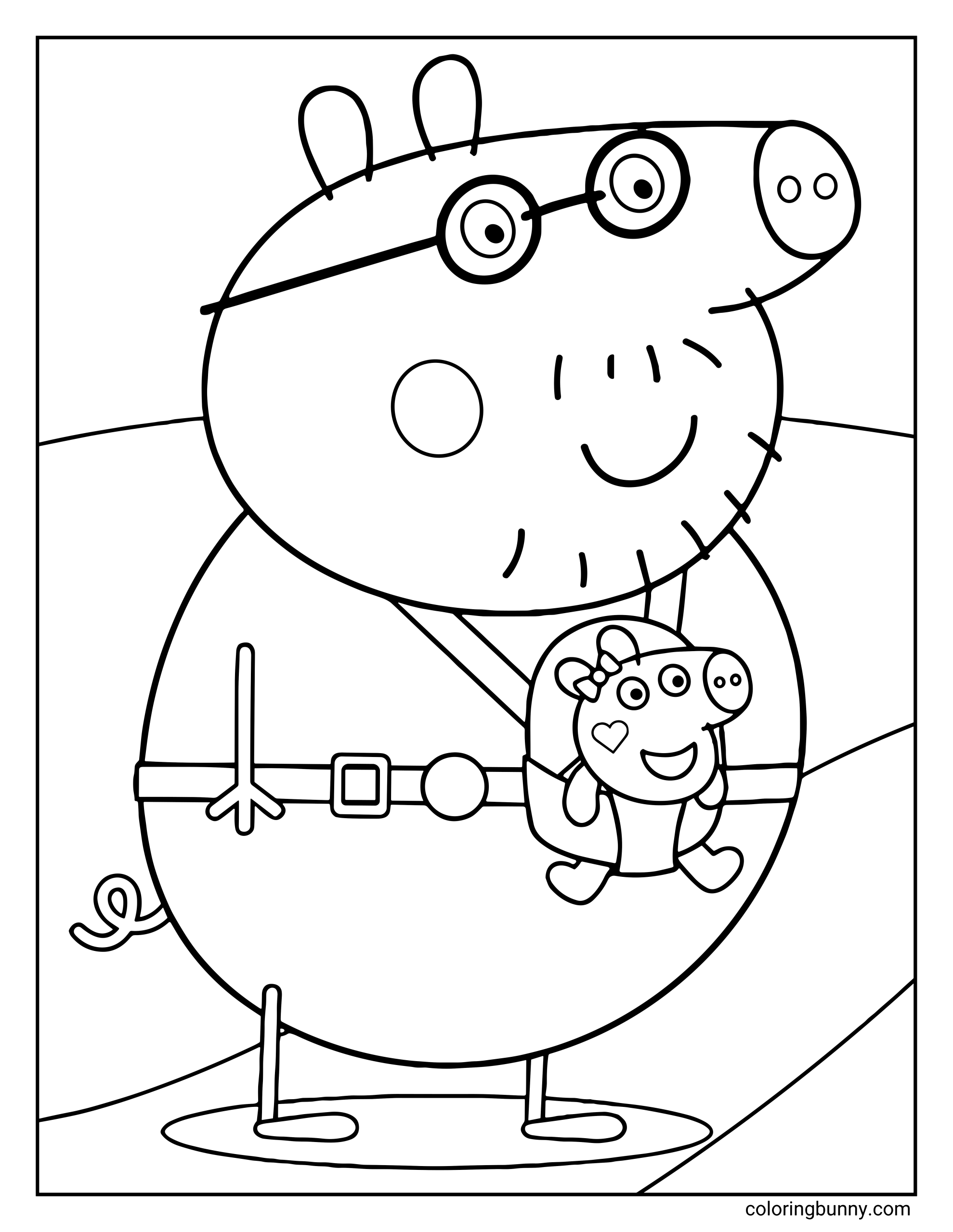 A Peppa Pig coloring page featuring Daddy Pig smiling while carrying baby Evie, with gentle hills in the background.