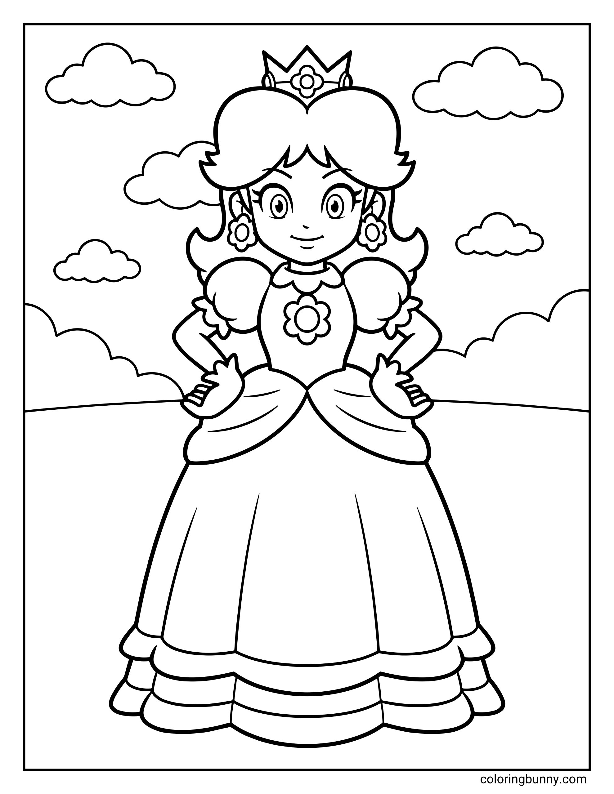A Mario coloring page of Princess Daisy standing confidently with her hands on her hips in her signature royal gown and crown. The illustration features thick, bold outlines against a simple outdoor background with fluffy clouds.