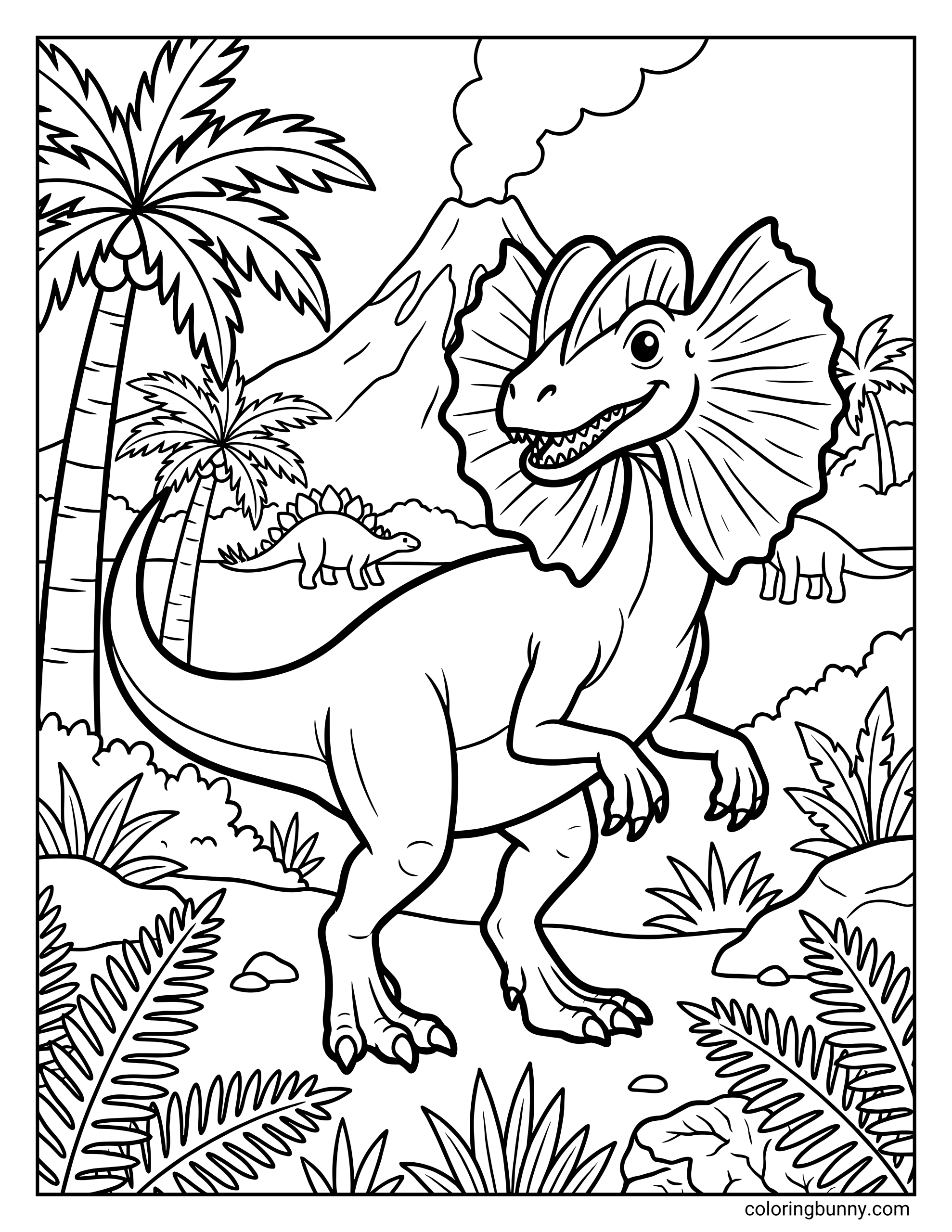 A Dilophosaurus dinosaur coloring page showing a smiling Dilophosaurus with a large frill around its head, standing in a lush Jurassic landscape with palm trees, ferns, rocks, and a smoking volcano in the background, drawn in bold outlines.