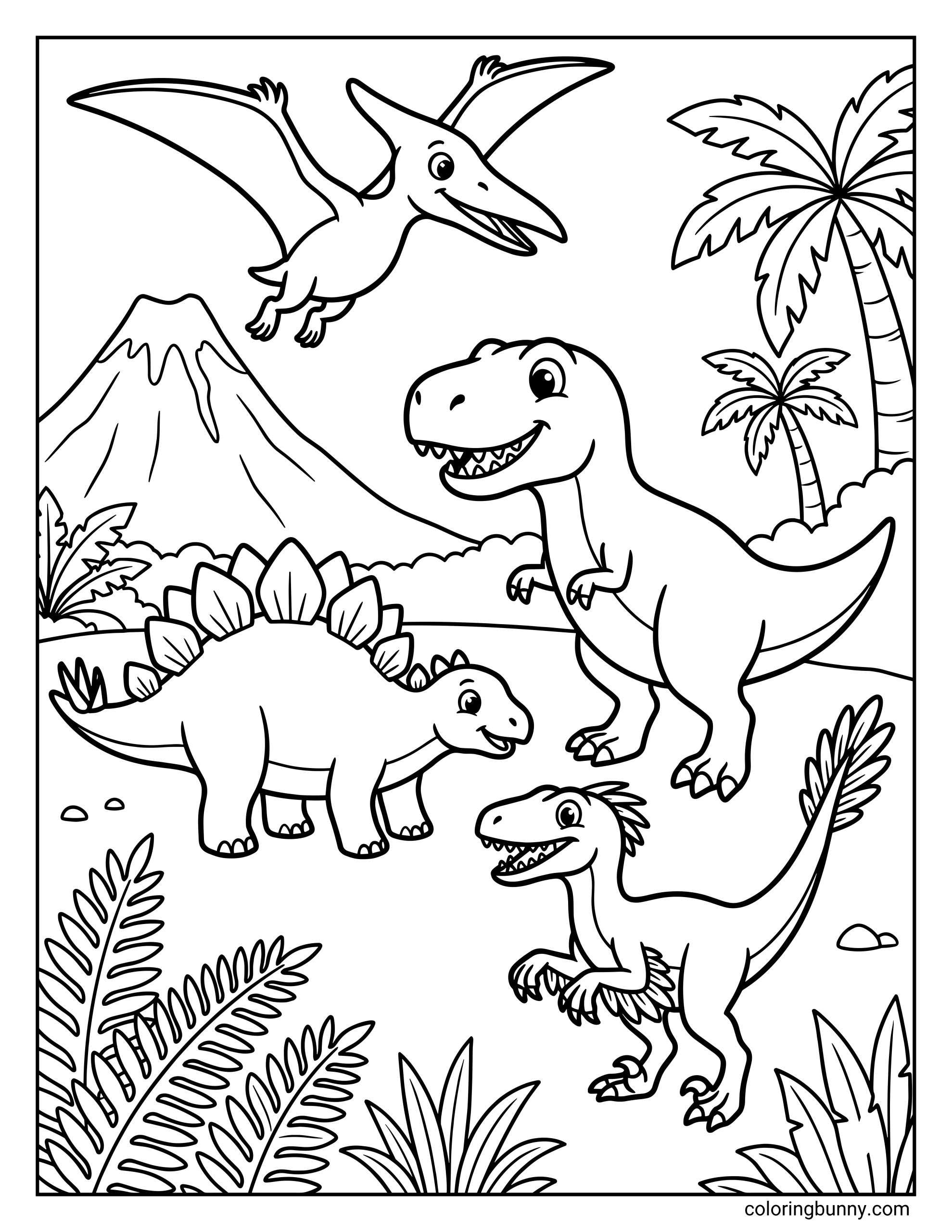 A dinosaur friends coloring page featuring a group of friendly dinosaurs, including a T-Rex, Stegosaurus, Velociraptor, and a flying Pterodactyl, together in a playful Jurassic landscape with palm trees and a volcano.