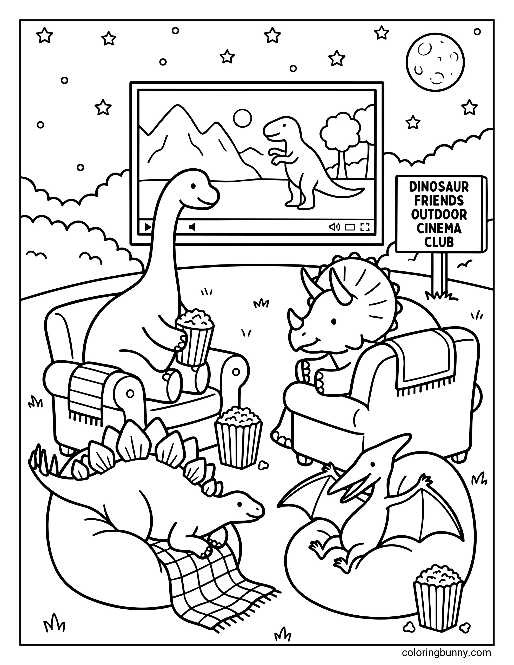A cozy dinosaur friends outdoor cinema coloring page showing cute dinosaurs watching a movie together under the stars, with popcorn, armchairs, bean bags, and a big screen at night.