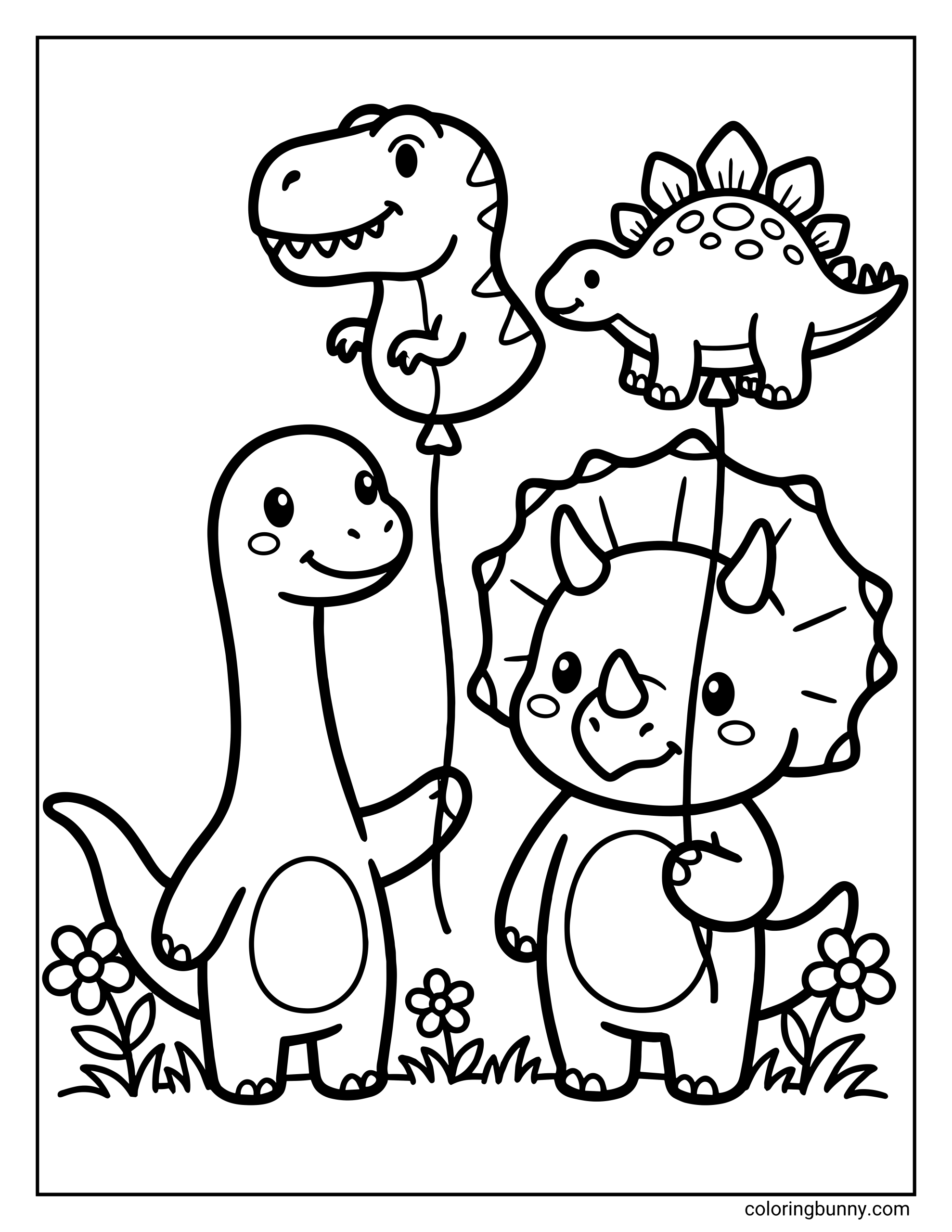 A cute dinosaur friends coloring page showing two smiling dinosaurs. a Brachiosaurus and Triceratops holding balloons shaped like a T-rex and stegosaurus, with flowers and grass below.