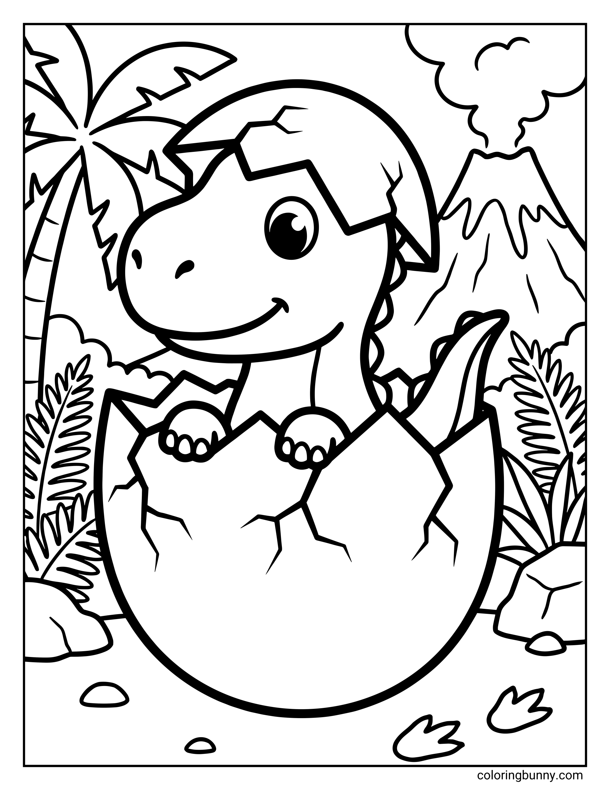 A cute dinosaur hatchling coloring page showing a baby dinosaur popping out of a cracked egg in a Jurassic jungle scene with plants and a volcano in the background.