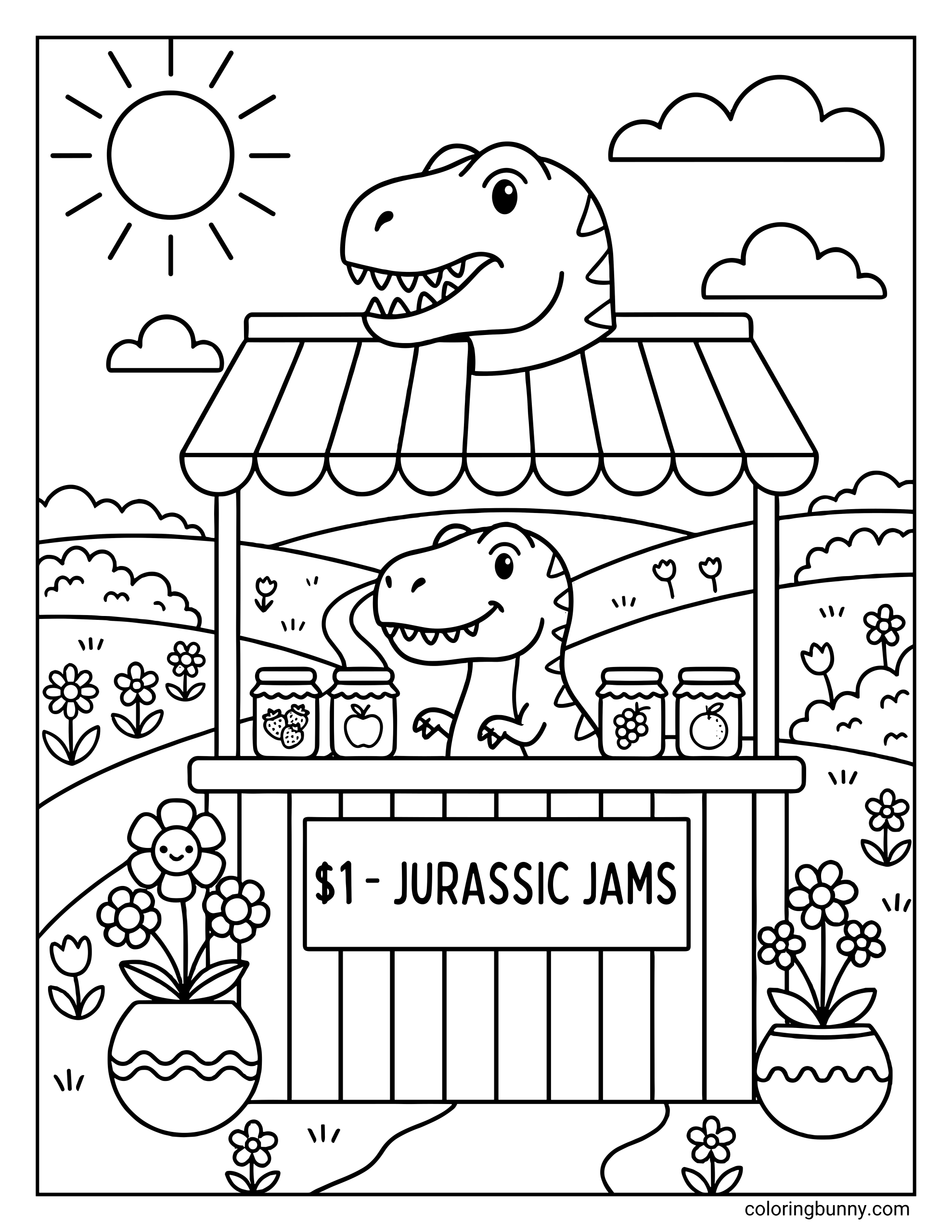 A cute dinosaur coloring page showing a friendly T-Rex running a small outdoor market stall selling jars of fruit jam. The stand has a striped awning, jars labeled with fruit icons, and a sign that reads “$1 – Jurassic Jams,” surrounded by flowers, rolling hills, clouds, and sunshine.