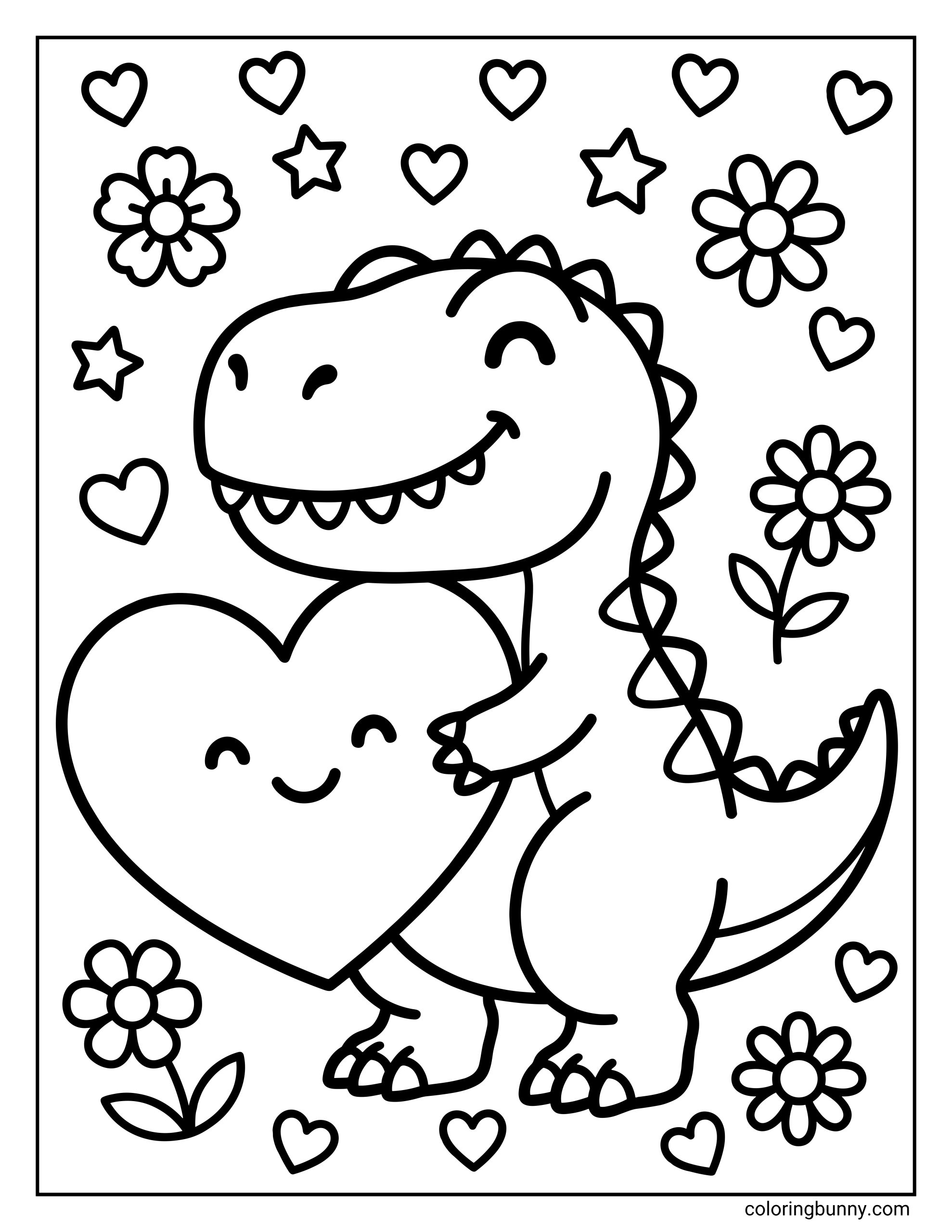 A heart coloring page showing a cartoon dinosaur standing upright and hugging a large heart with a smiling face, surrounded by small hearts, flowers, and stars drawn in simple black-and-white outlines.