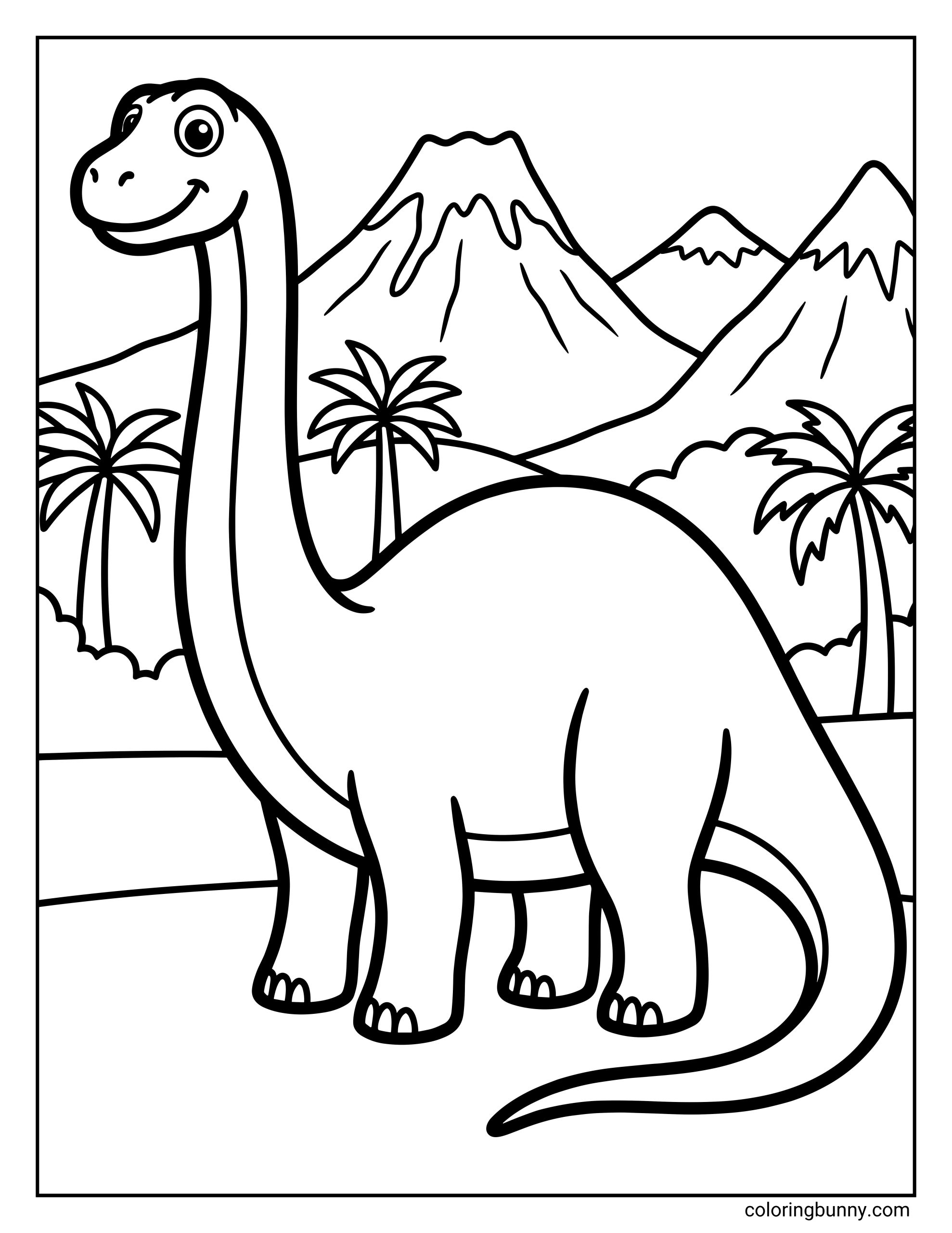 A cute Diplodocus dinosaur coloring page showing a smiling long-neck dinosaur standing in a peaceful Jurassic landscape with palm trees and mountains.