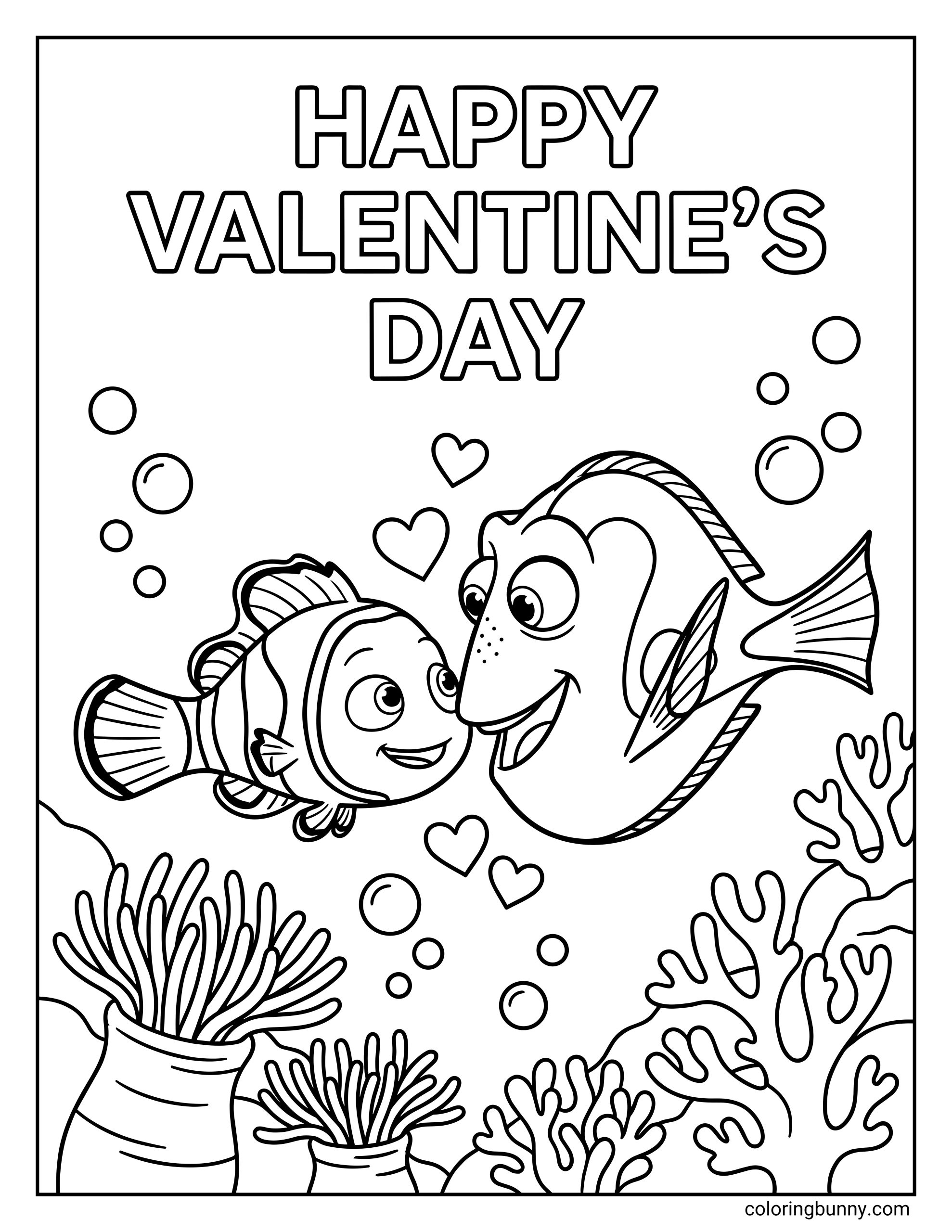 A coloring page of Nemo and Dory swimming among coral reefs and bubbles with hearts under the text "HAPPY VALENTINE'S DAY."