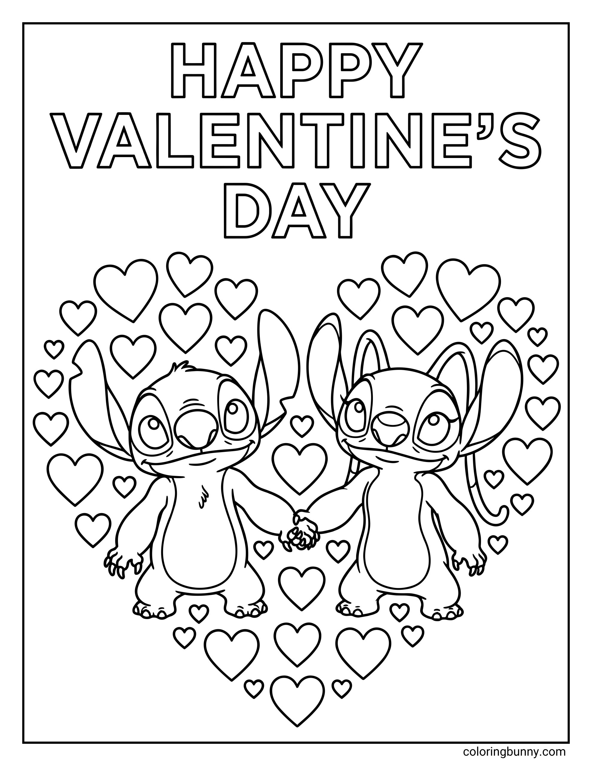 A coloring page of Stitch and Angel holding hands. They are framed by a large heart shape composed of many smaller hearts under the text "HAPPY VALENTINE'S DAY."