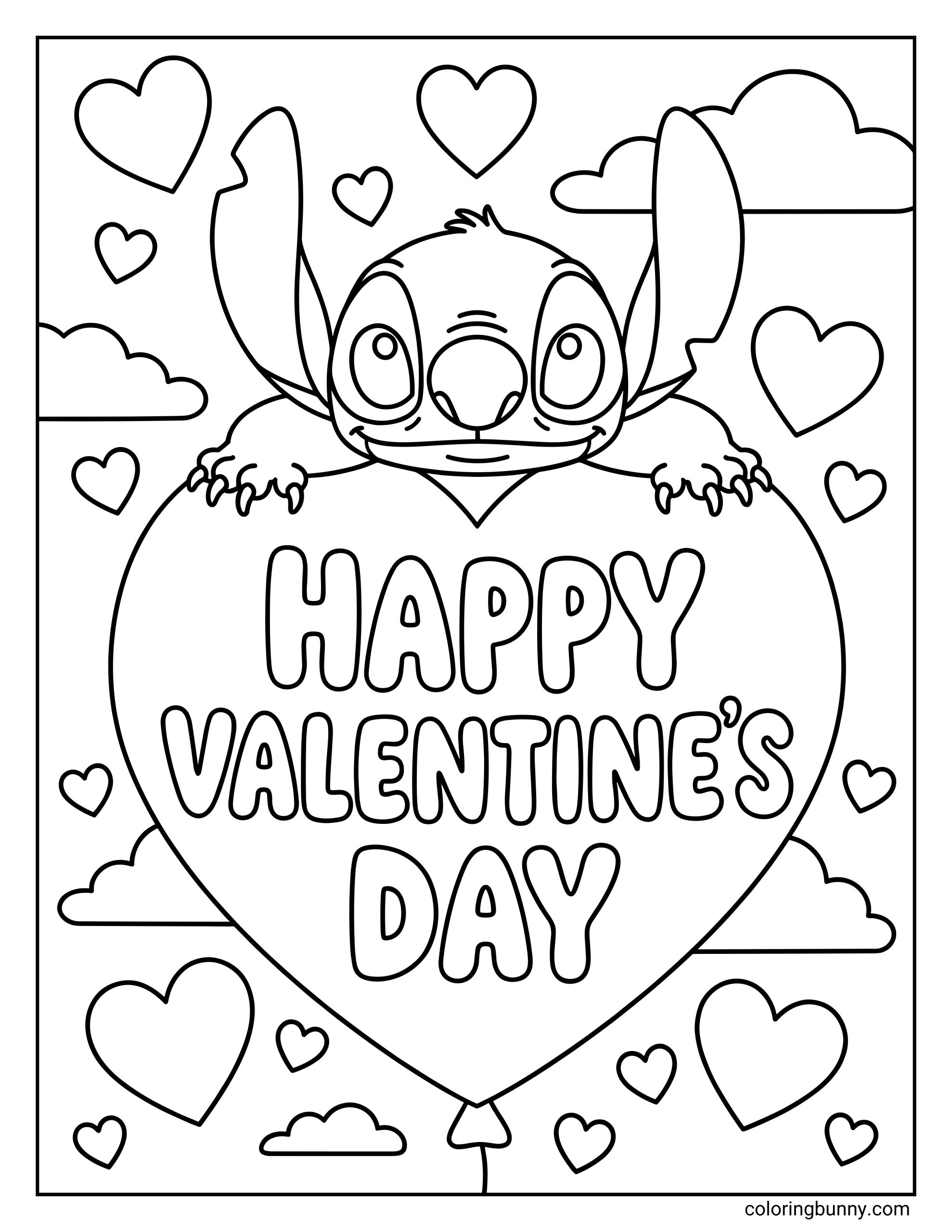 Cute Valentine coloring page of Stitch holding onto a heart balloon while floating in the sky with clouds and heart shapes.