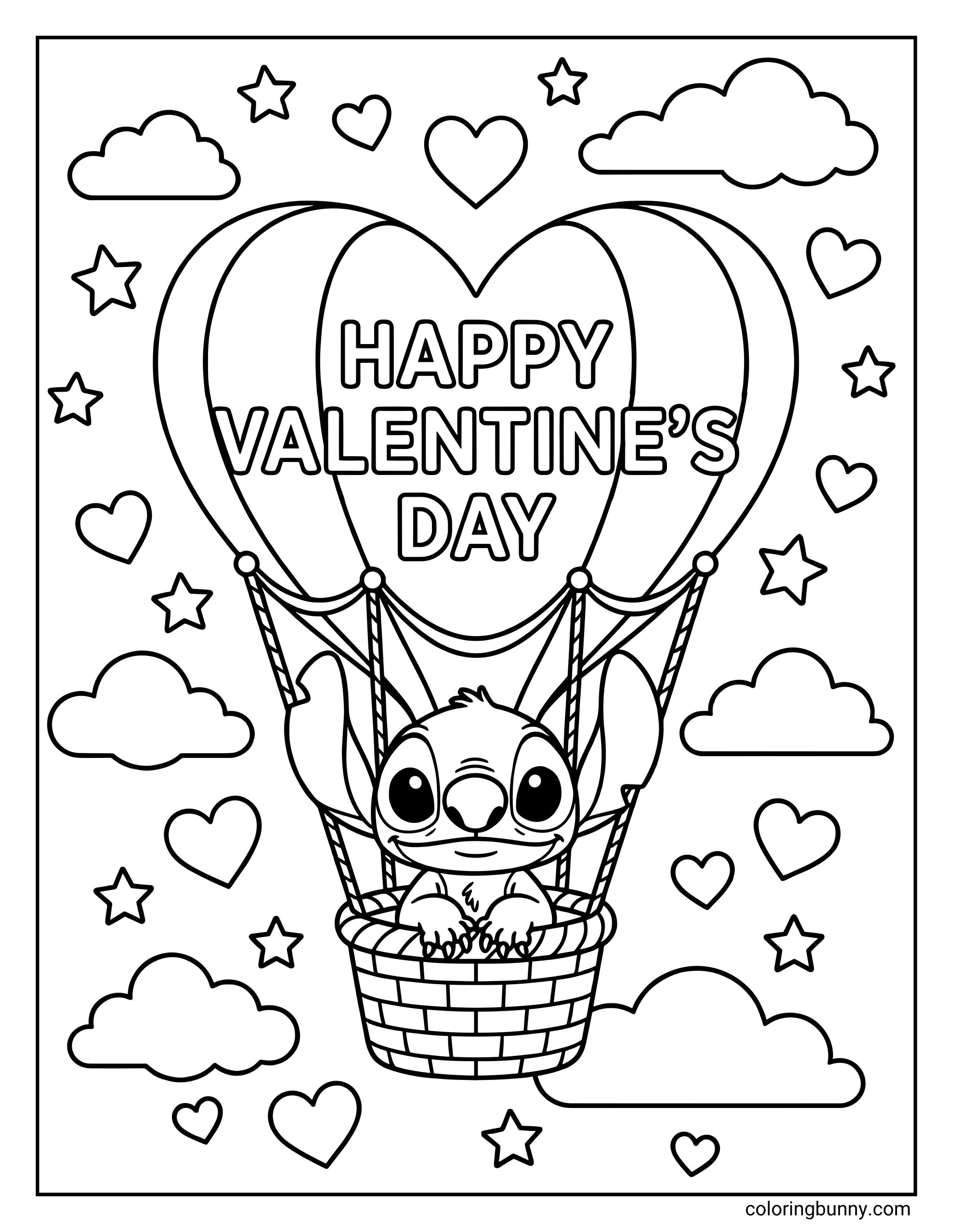 A Valentine’s Day coloring page of Disney’s Stitch riding in a heart-shaped hot air balloon basket, surrounded by clouds, stars, and floating hearts, designed as a fun printable coloring sheet for kids.