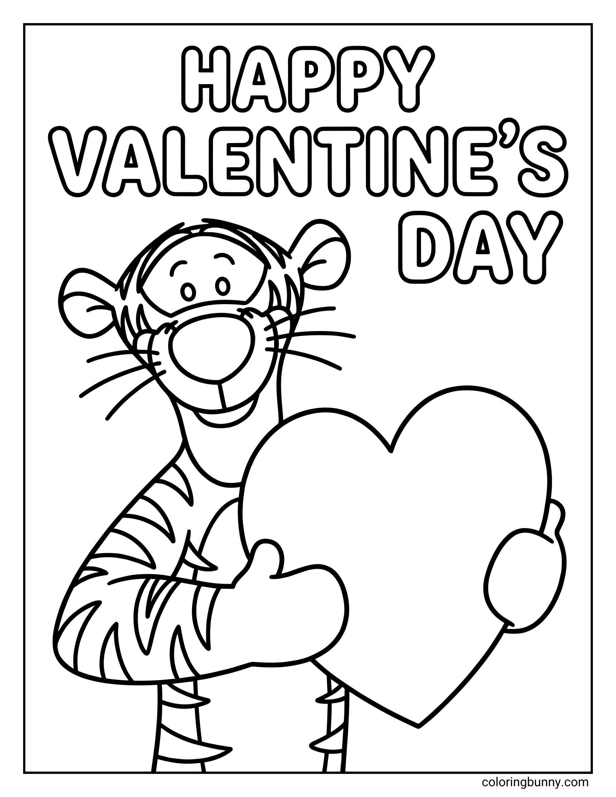 A coloring page showing Tigger smiling while holding a big heart, with the phrase "HAPPY VALENTINE'S DAY" printed at the top.