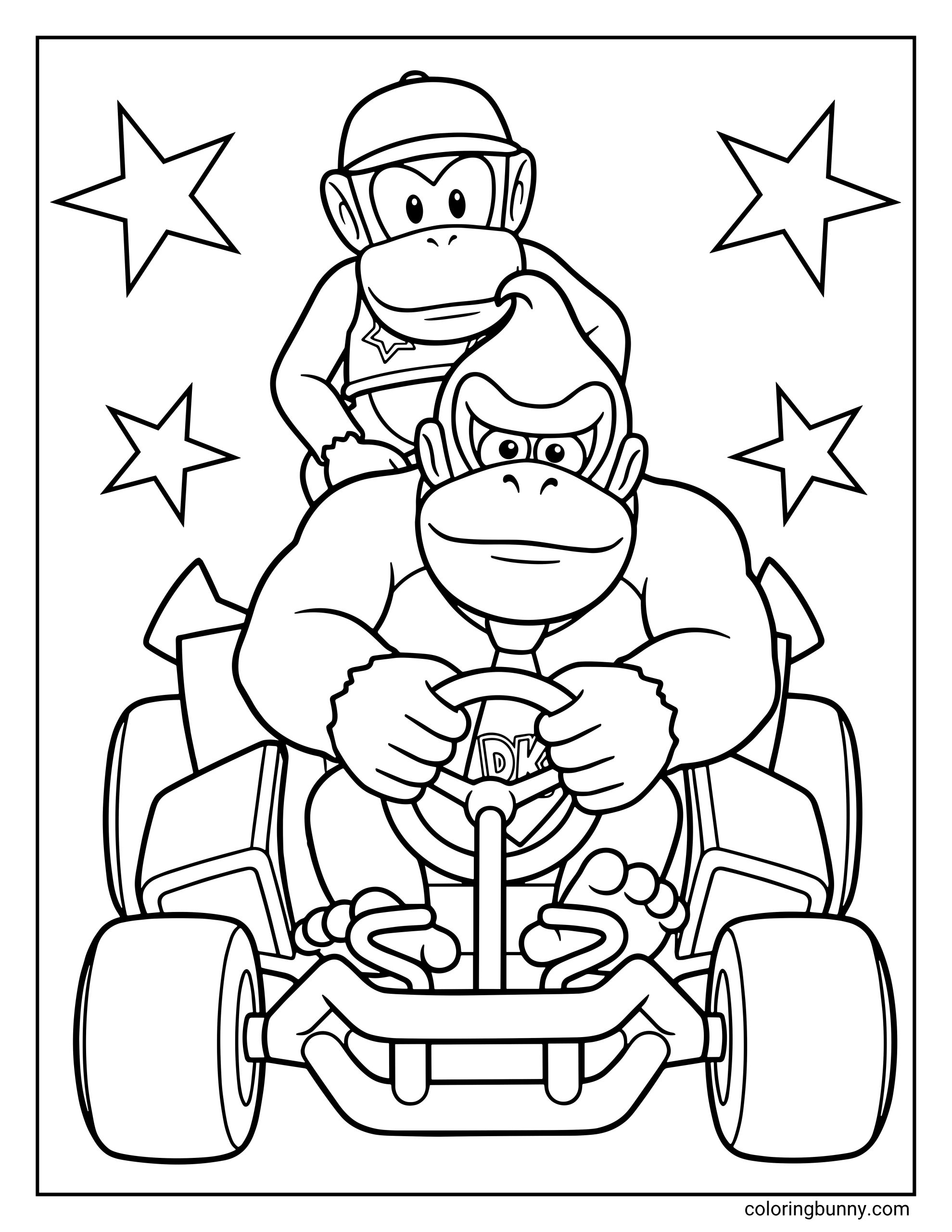 A coloring page of Donkey Kong driving a racing kart with Diddy Kong riding along in the back. The scene is decorated with several large stars and features bold, simple outlines of the two iconic characters.