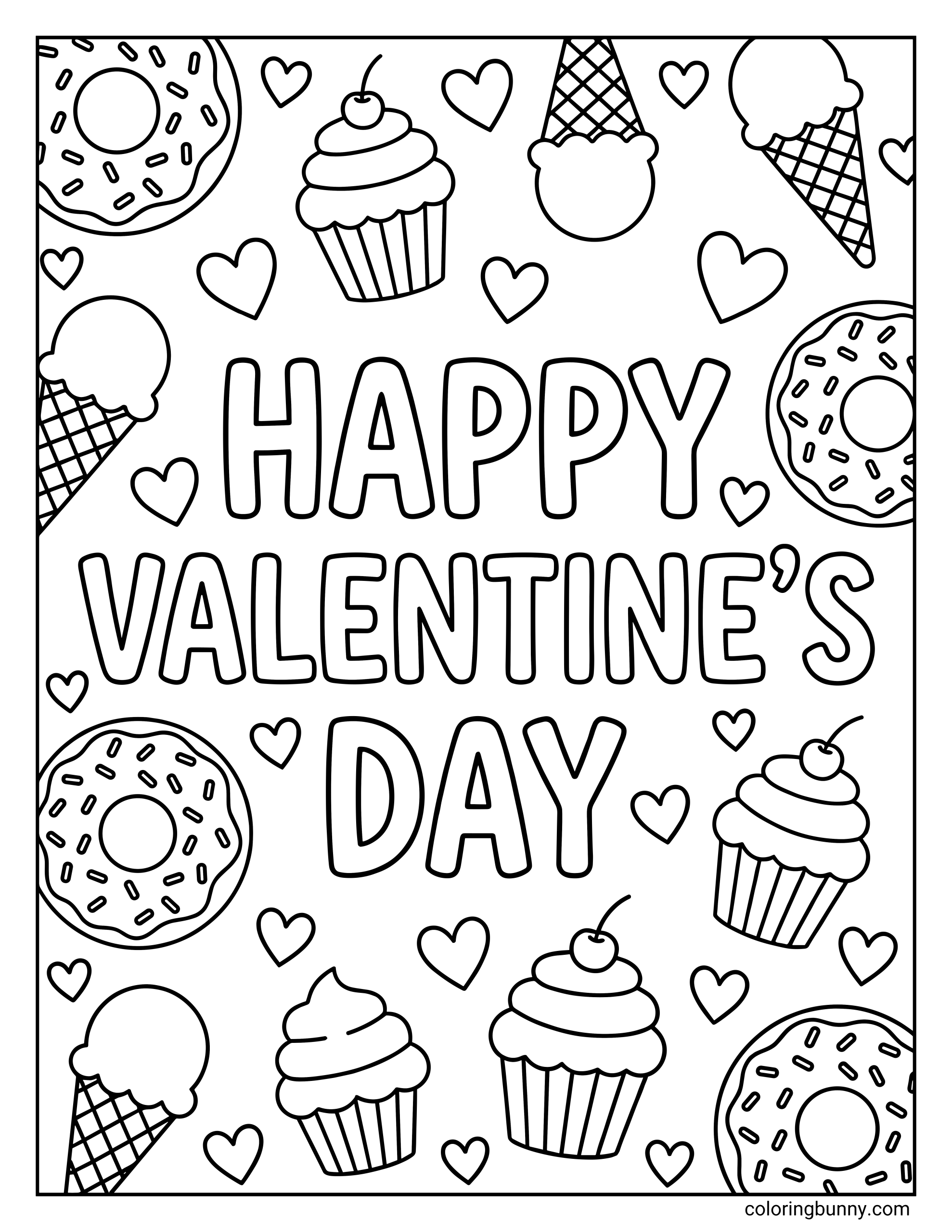 A Valentine's Day coloring page of a pattern of sprinkled donuts, cupcakes with cherries, and ice cream cones mixed with small hearts.
