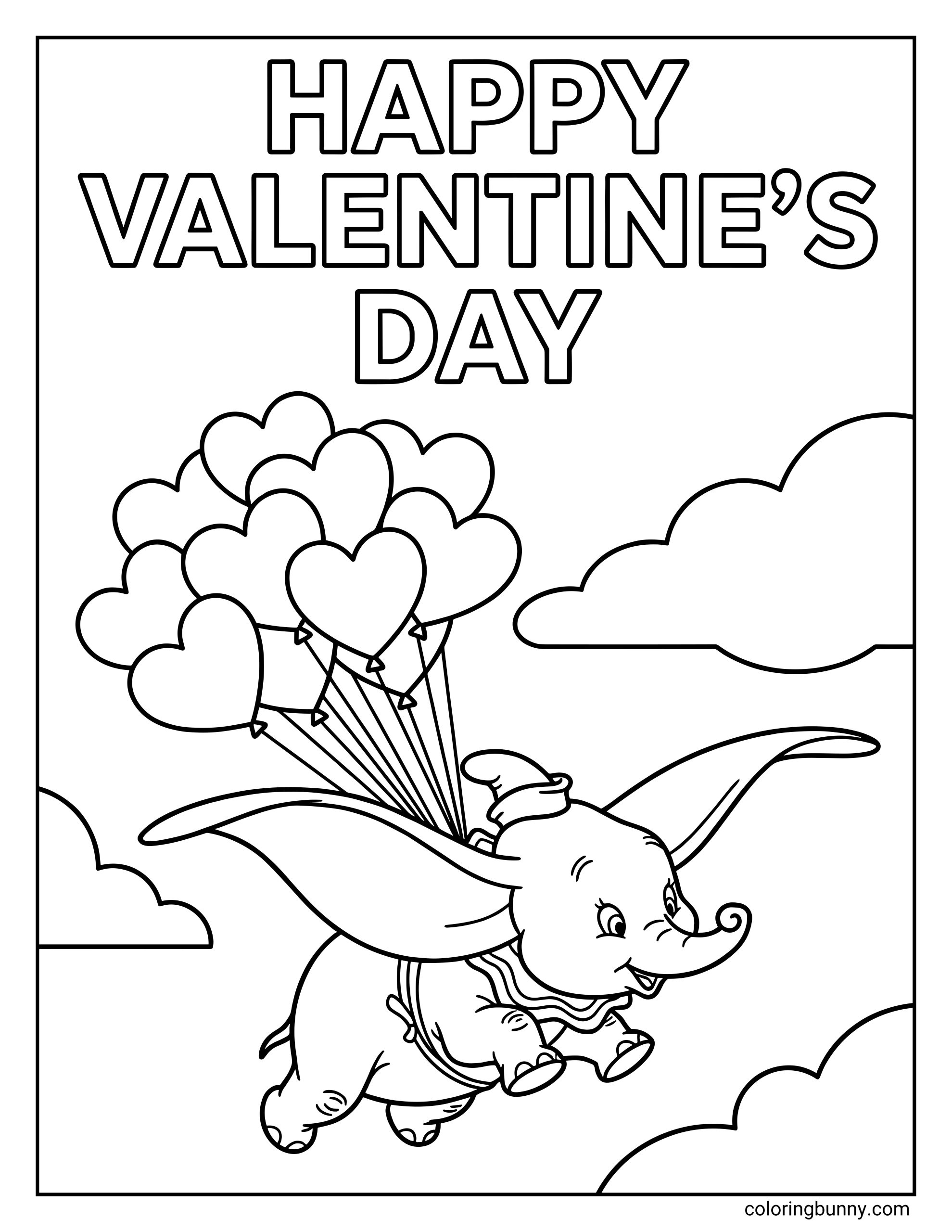 A coloring page of Dumbo the elephant flying through clouds while holding a large bundle of heart-shaped balloons beneath the text "HAPPY VALENTINE'S DAY."