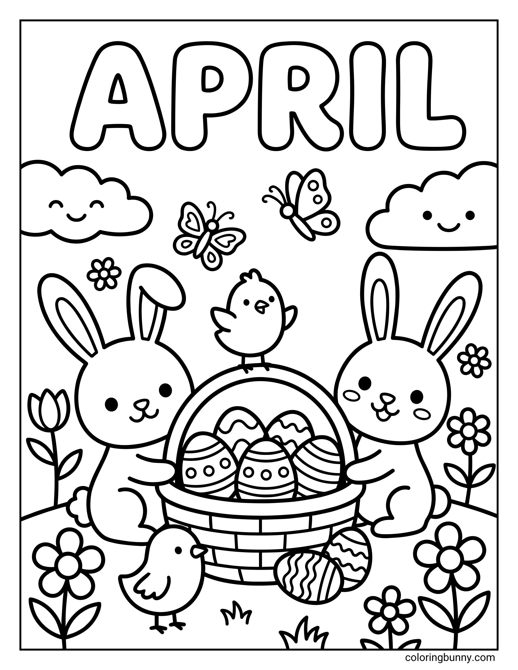 An April coloring page of the text "APRIL" above two rabbits holding a basket of Easter eggs, accompanied by two chicks and butterflies.