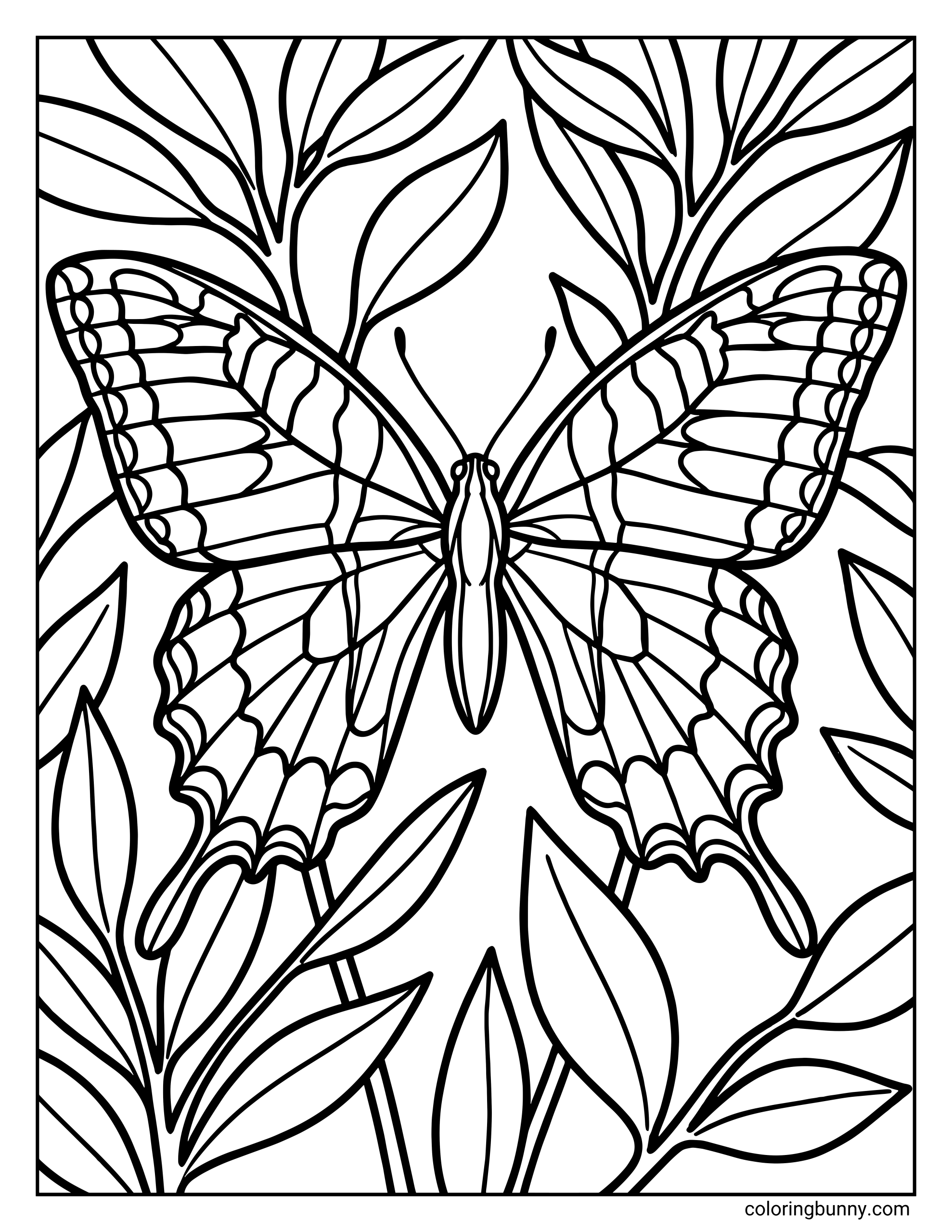 An Eastern tiger swallowtail butterfly coloring page showing a large butterfly with wings fully spread, detailed stripe patterns, and long tail extensions, framed by layered leafy branches. The butterfly is centered in the composition, with bold, flowing outlines and overlapping leaves that create a balanced nature scene ideal for detailed coloring.