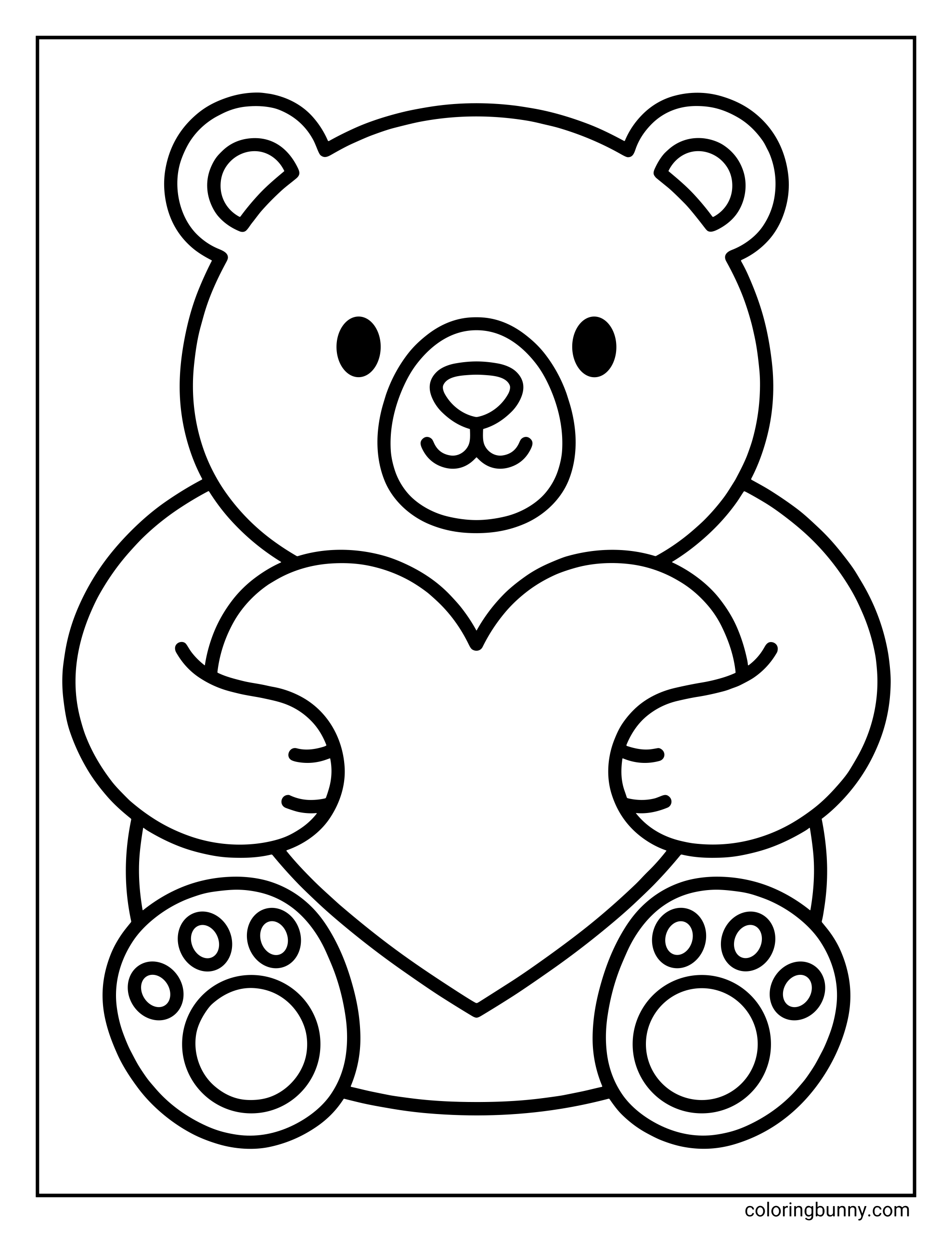 A simple coloring page of a cute, round bear sitting down and holding a large heart against its chest with both paws.