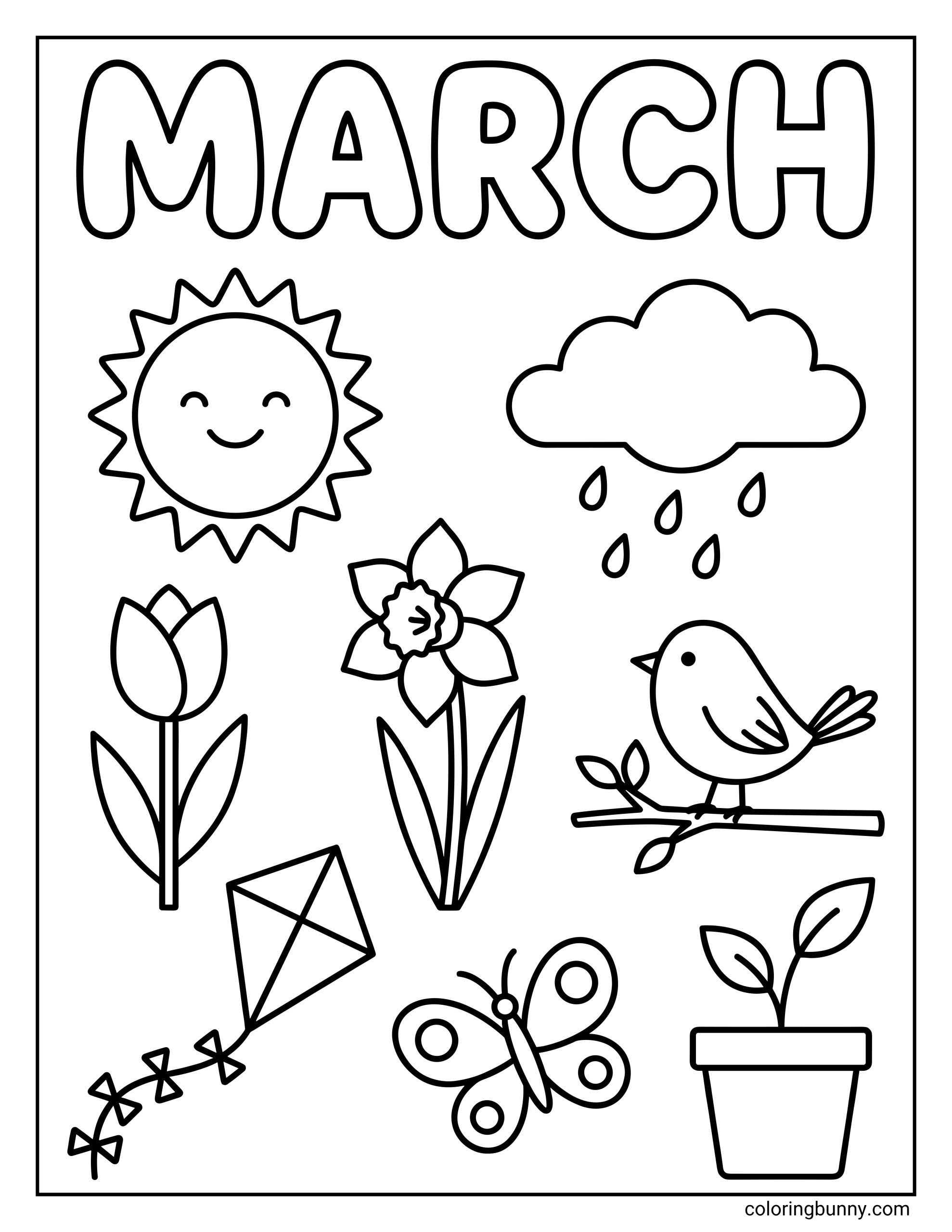 A simple coloring page featuring the text "MARCH" surrounded by a smiling sun, rain cloud, tulip, daffodil, kite, butterfly, and a bird on a branch.