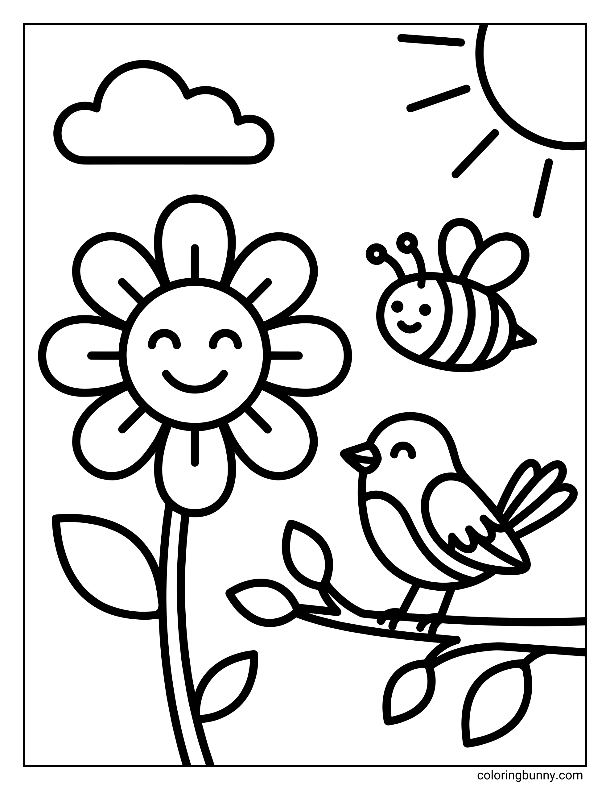 A simple spring scene coloring page featuring a large smiling flower, a flying bee, a bird on a branch, a cloud, and a bright sun in the corner.