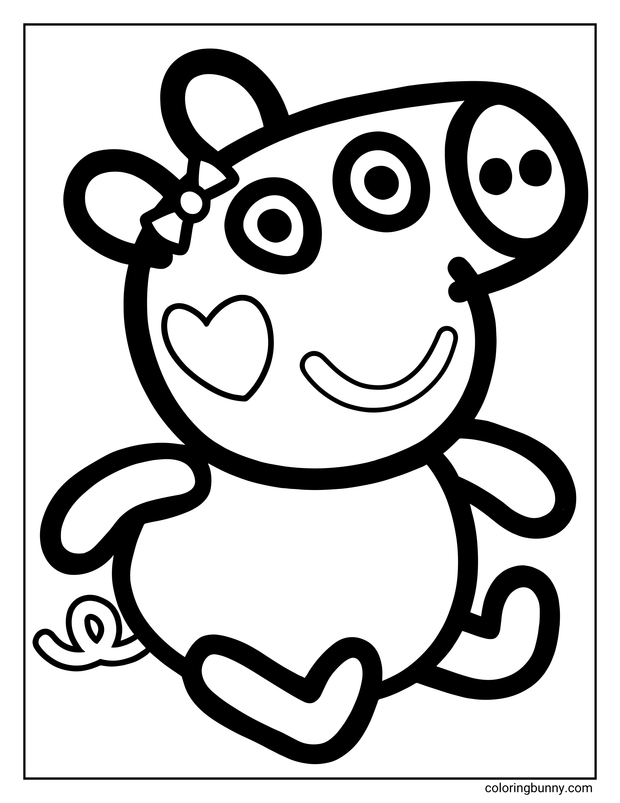 A Baby Evie Pig Peppa Pig coloring page showing Evie Pig sitting and smiling with a bow on her ear, a heart shape on her cheek, outstretched arms, curly tail.