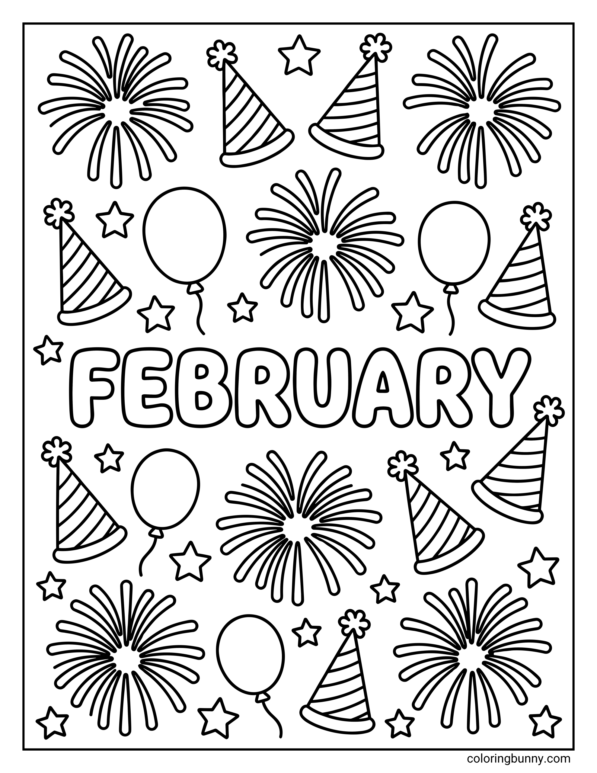 A coloring page featuring the word february surrounded by fireworks, party hats, balloons, and stars.