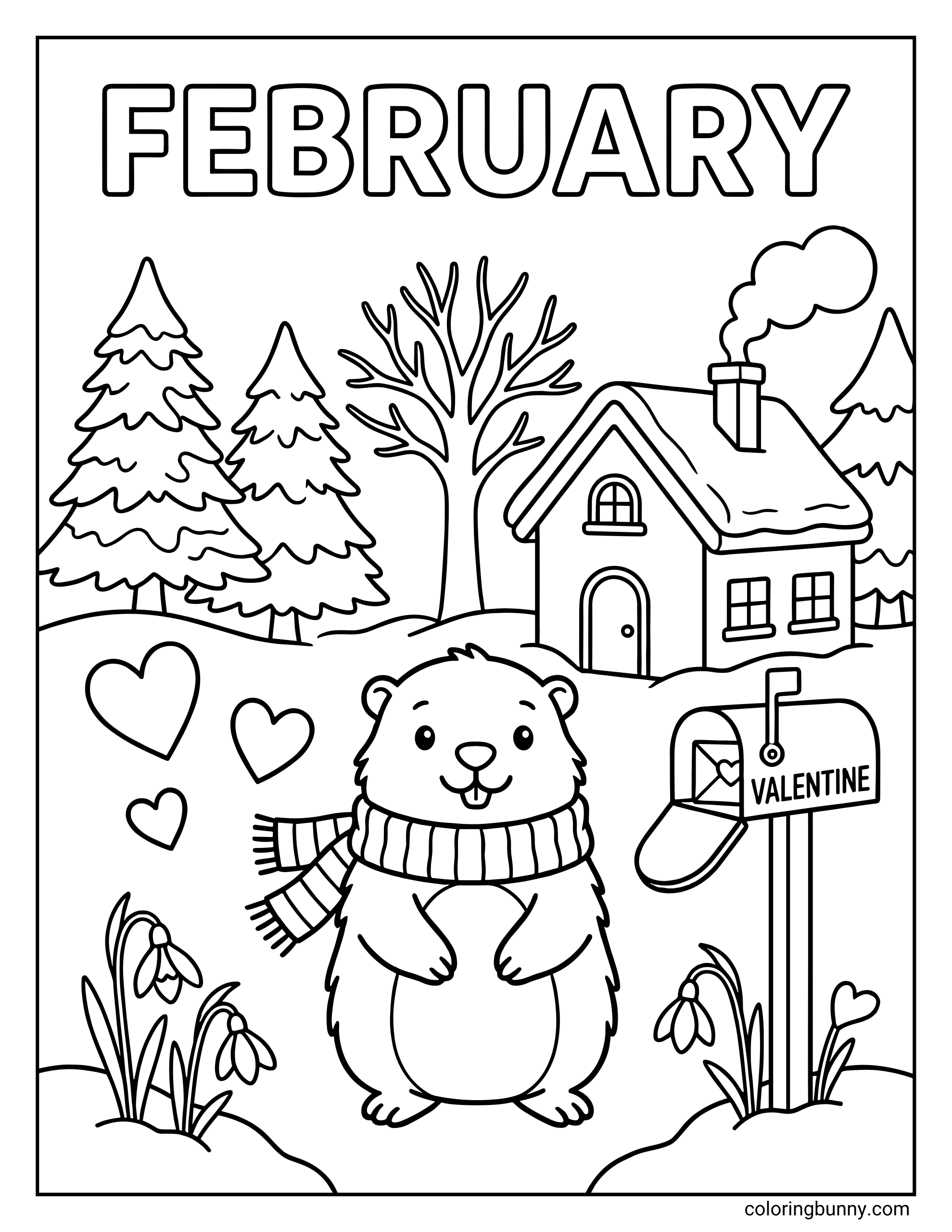 A coloring page of a cute groundhog wearing a scarf standing in a snowy landscape next to a mailbox holding a heart letter, with a cozy house and pine trees in the background under the text FEBRUARY.