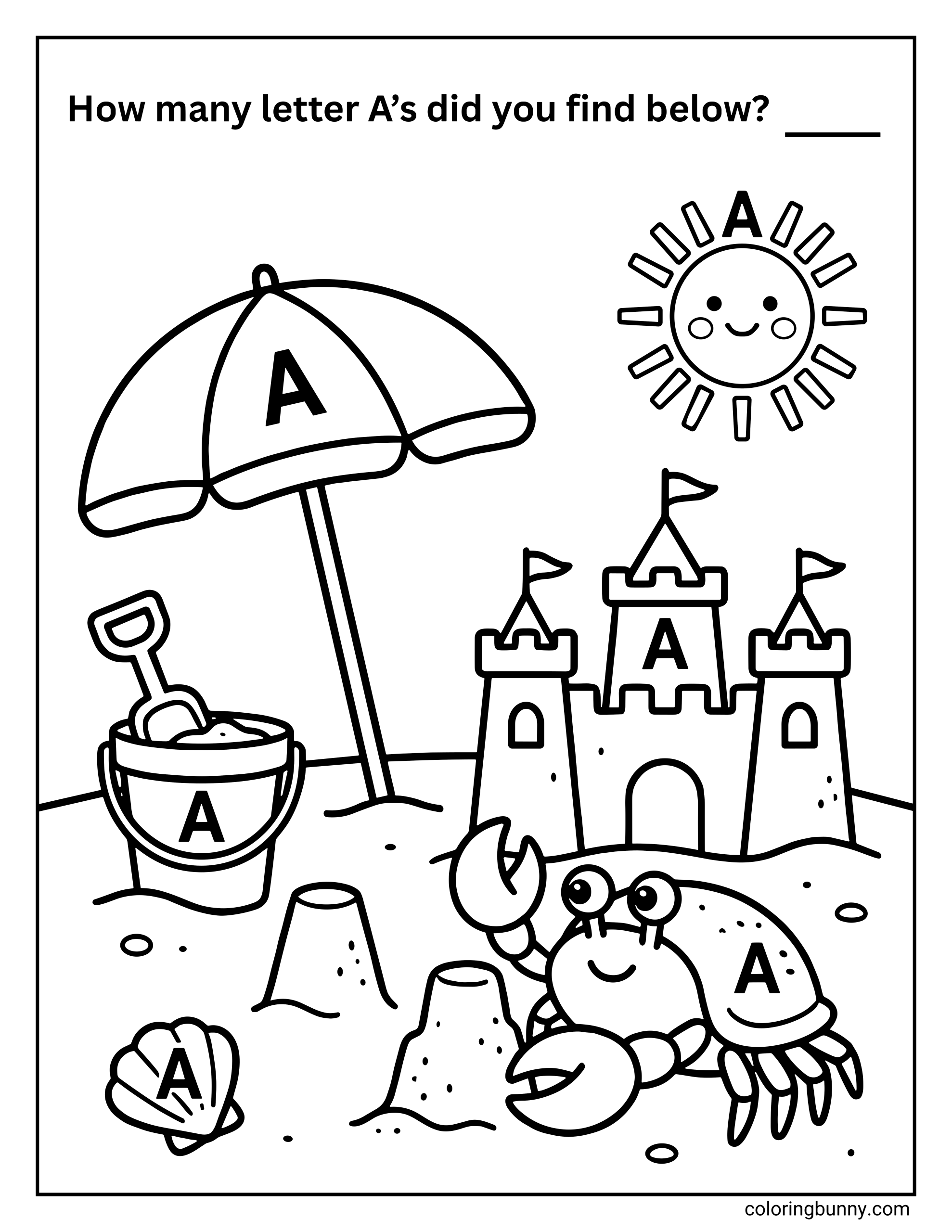 Find the letter A coloring page set on a beach scene with a sandcastle, crab, beach umbrella, bucket, shell, and sun. Multiple uppercase letter A’s are hidden throughout the illustration, with a prompt at the top asking children to count how many letter A’s they can find.