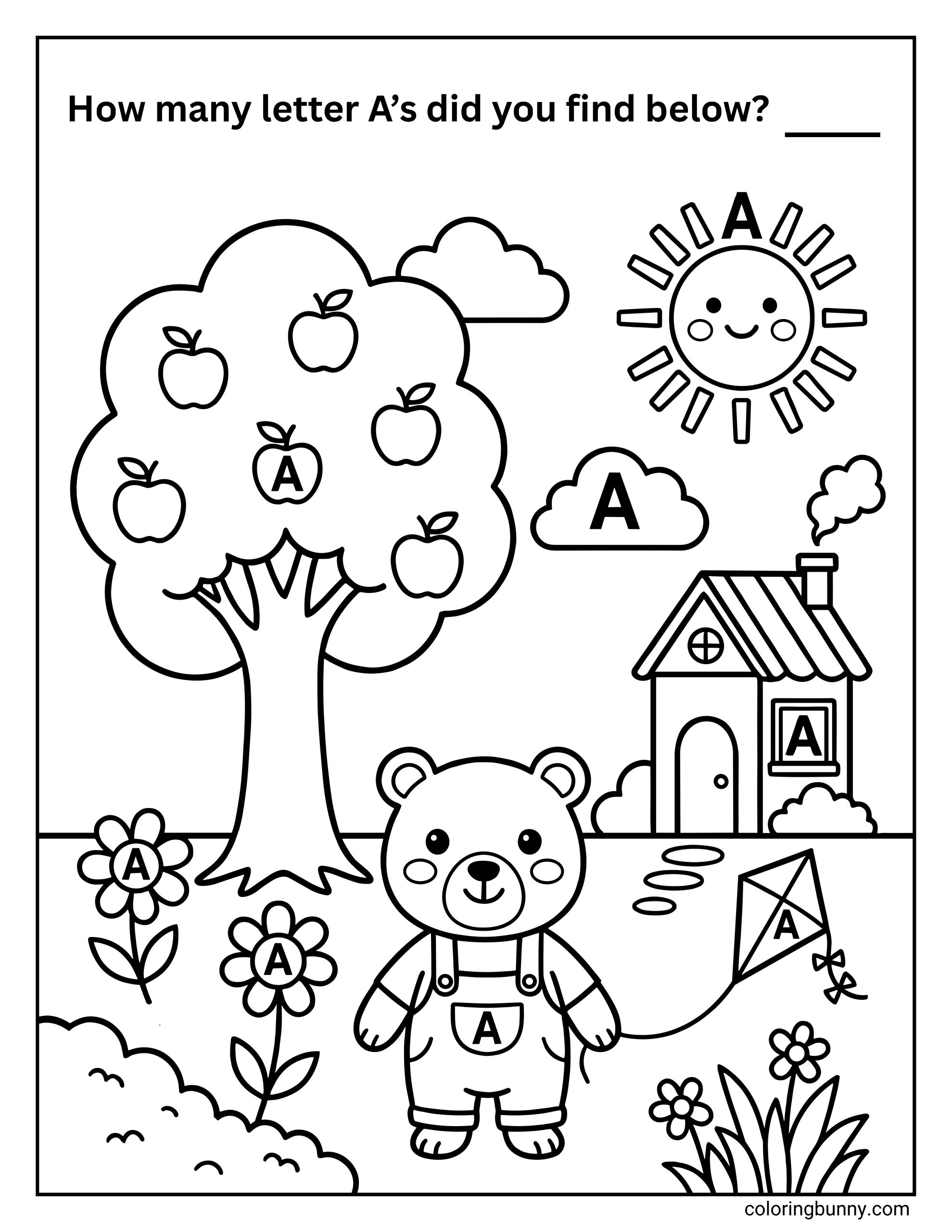 Find the letter A coloring page featuring a cute outdoor scene with a bear wearing overalls, an apple tree, flowers, clouds, a sun, a small house, and a kite. Multiple uppercase letter A’s are hidden throughout the illustration, with a prompt at the top asking children to count how many letter A’s they can find.