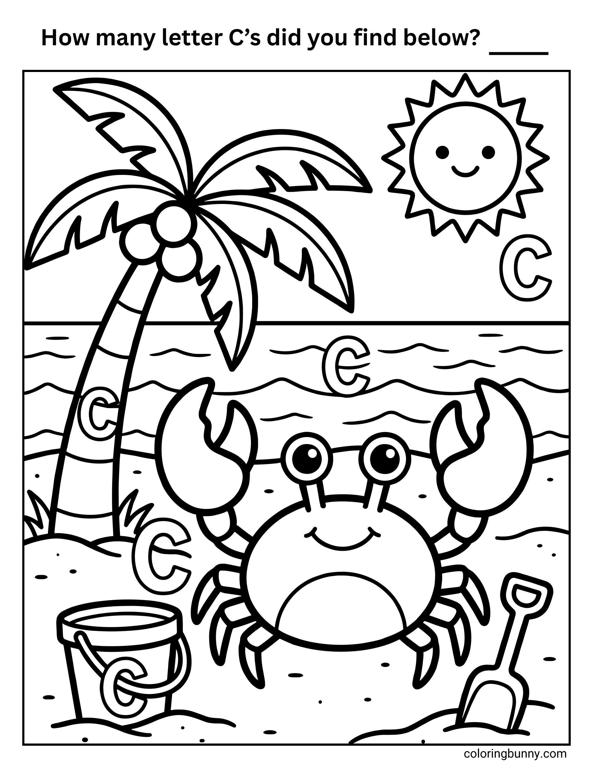 A find-the-letter activity coloring page asking children how many letter C’s they can find in a beach scene. The illustration includes a smiling sun, palm tree, ocean waves, a happy crab, a bucket and shovel, with multiple hidden uppercase C letters placed throughout the scene to encourage careful observation and letter recognition.