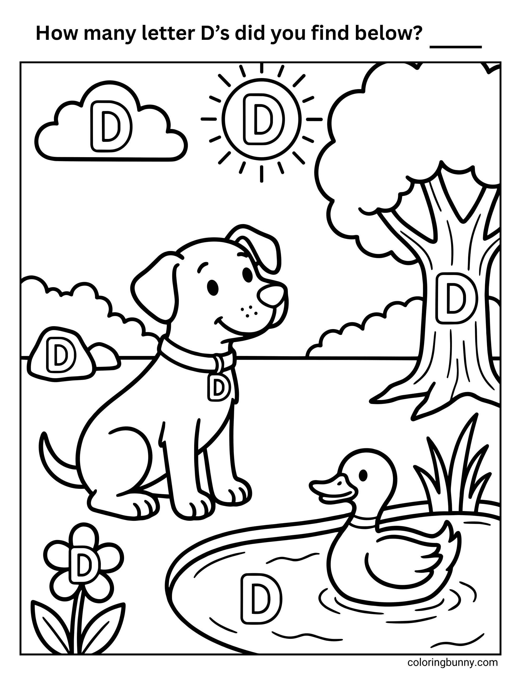 A Letter D find-the-letter coloring page asking “How many letter D’s did you find below?” The scene features a friendly dog, a duck swimming in a pond, a tree, clouds, a sun, and flowers, with seven uppercase D’s hidden throughout the illustration.
