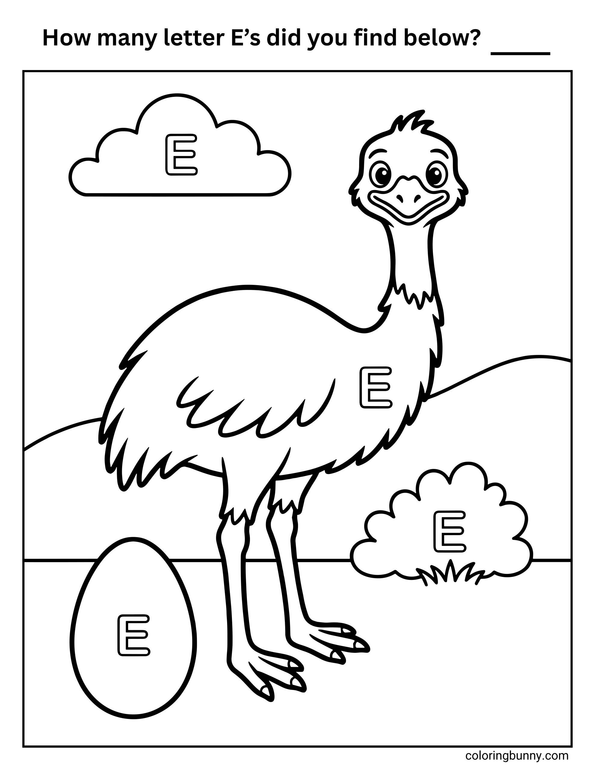 A find-the-letter E coloring page activity featuring a friendly emu standing in a simple outdoor scene. Four uppercase letter E’s are hidden throughout the picture, including on the emu, clouds, bushes, and an egg. Children are invited to search for and count the letters.