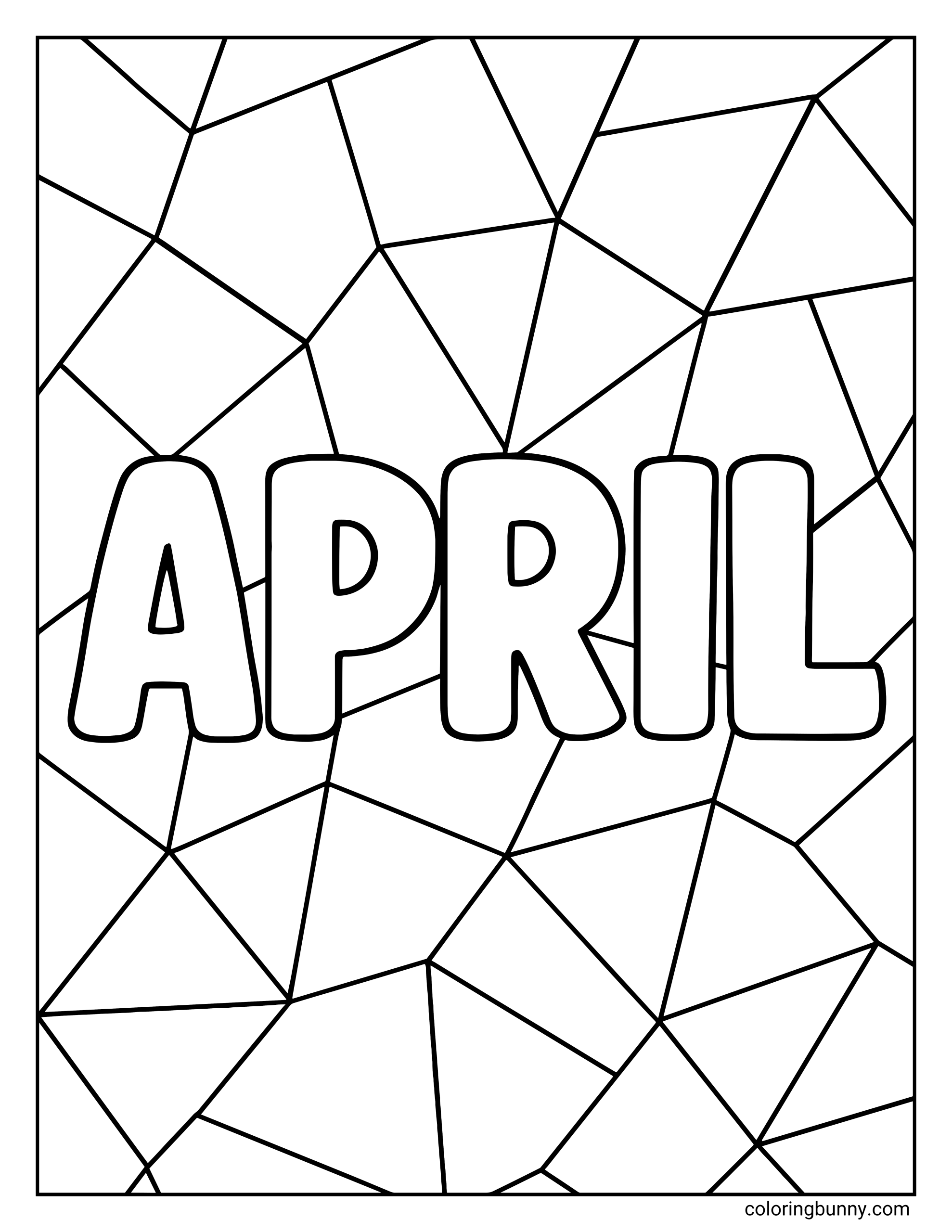 A coloring page featuring the word "APRIL" in bubble letters, set against a background of abstract geometric shapes like triangles and polygons.