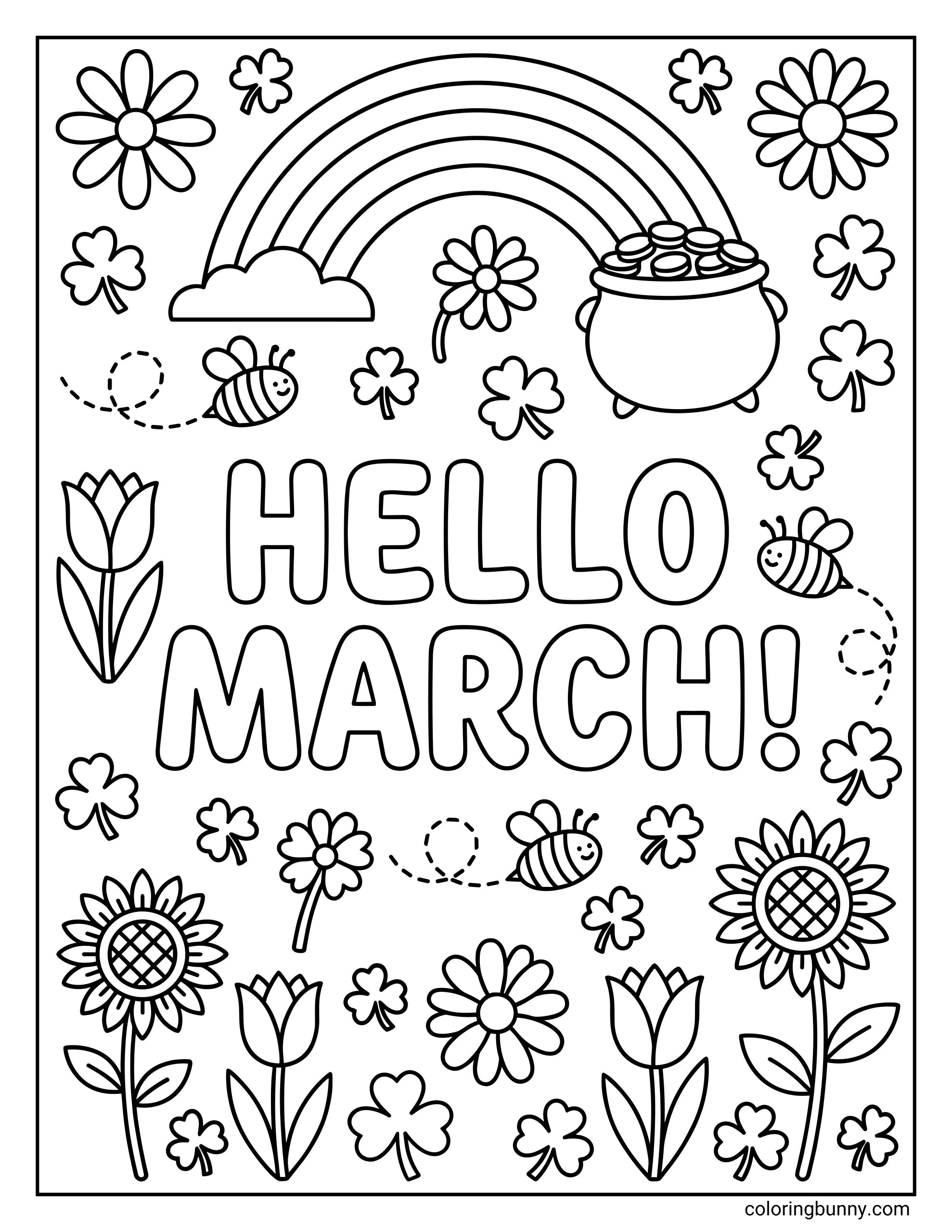A March coloring page featuring the text "HELLO MARCH!" surrounded by a rainbow with a pot of gold, flying bees, shamrocks, and blooming flowers.