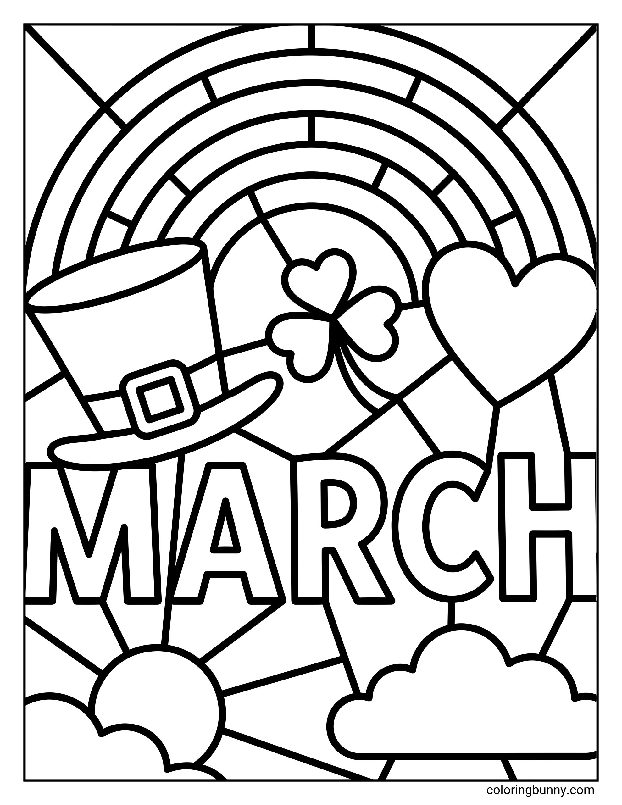 A stained-glass style March coloring page featuring the text "MARCH" beneath a rainbow, leprechaun hat, shamrock, and heart, with clouds and sun rays.