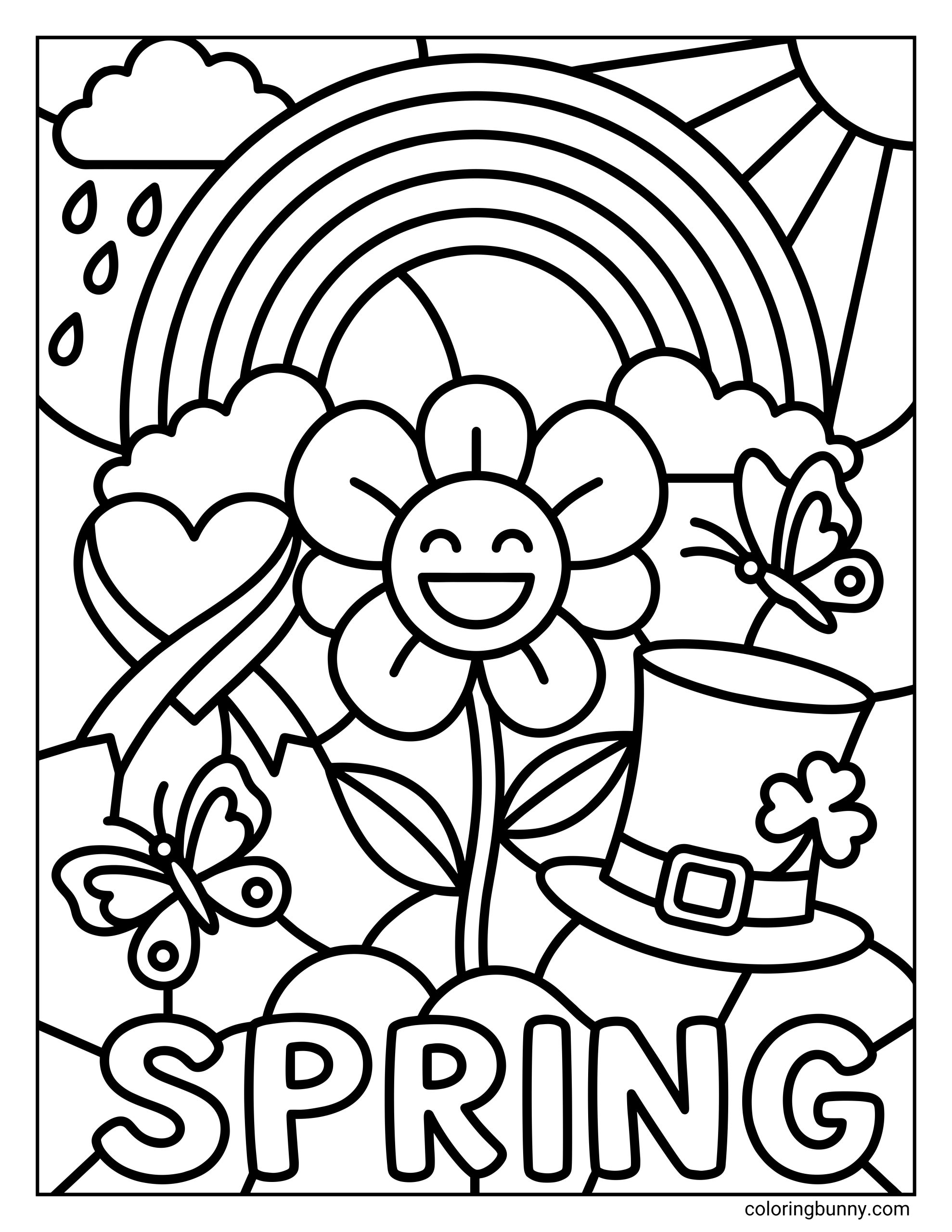 A stained-glass style Spring coloring page featuring the text "SPRING" beneath a rainbow, sun, rain cloud, smiling flower, heart, and leprechaun hat.