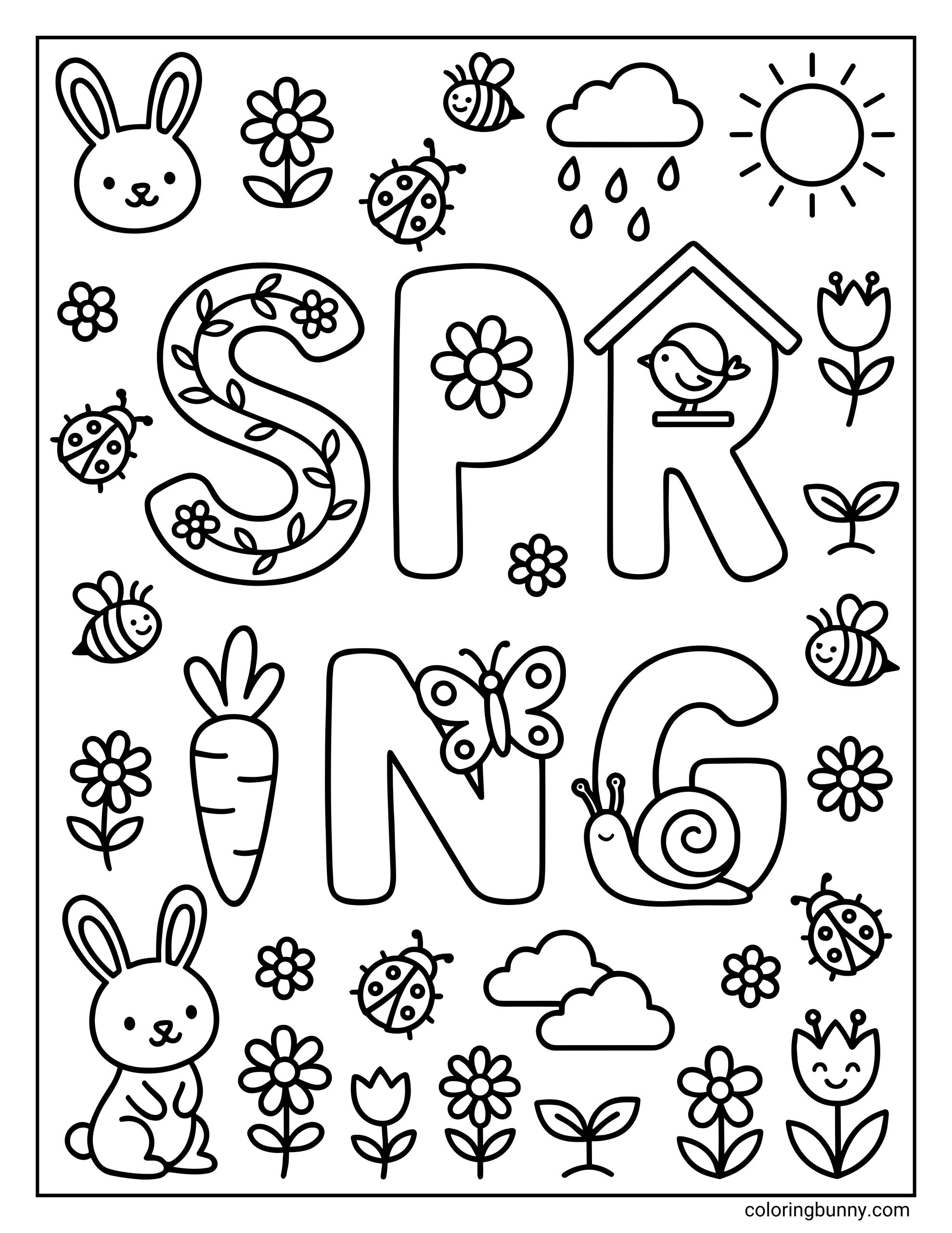 A fun Spring coloring page featuring the text "SPRING" where letters are shaped like a birdhouse, carrot, and snail, surrounded by bunnies, bees, and ladybugs.