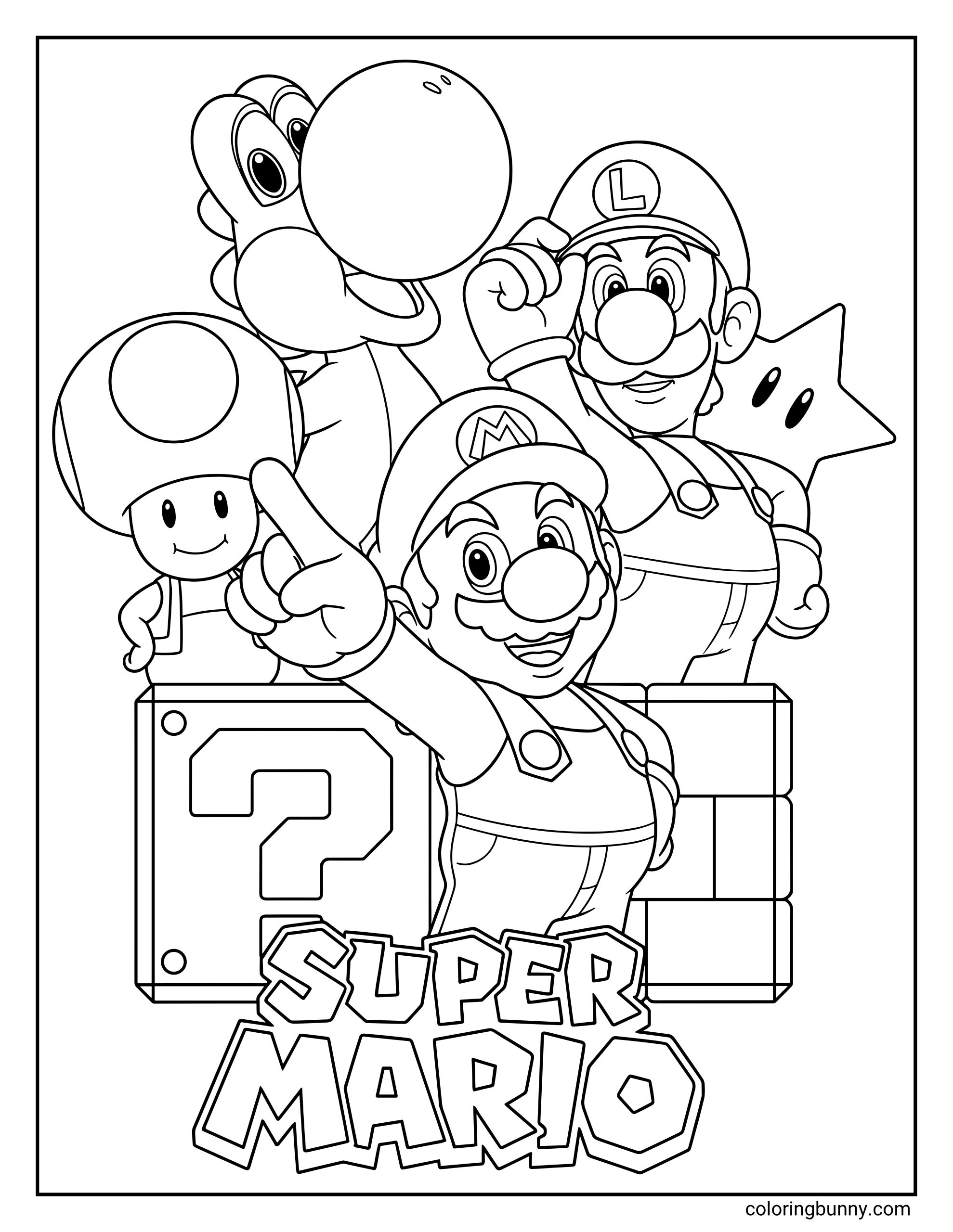 A coloring page featuring Mario, Luigi, Yoshi, and Toad gathered together behind a large Question Mark Block and several brick blocks. The "SUPER MARIO" logo sits at the bottom, with a Super Star peeking out from behind Luigi.