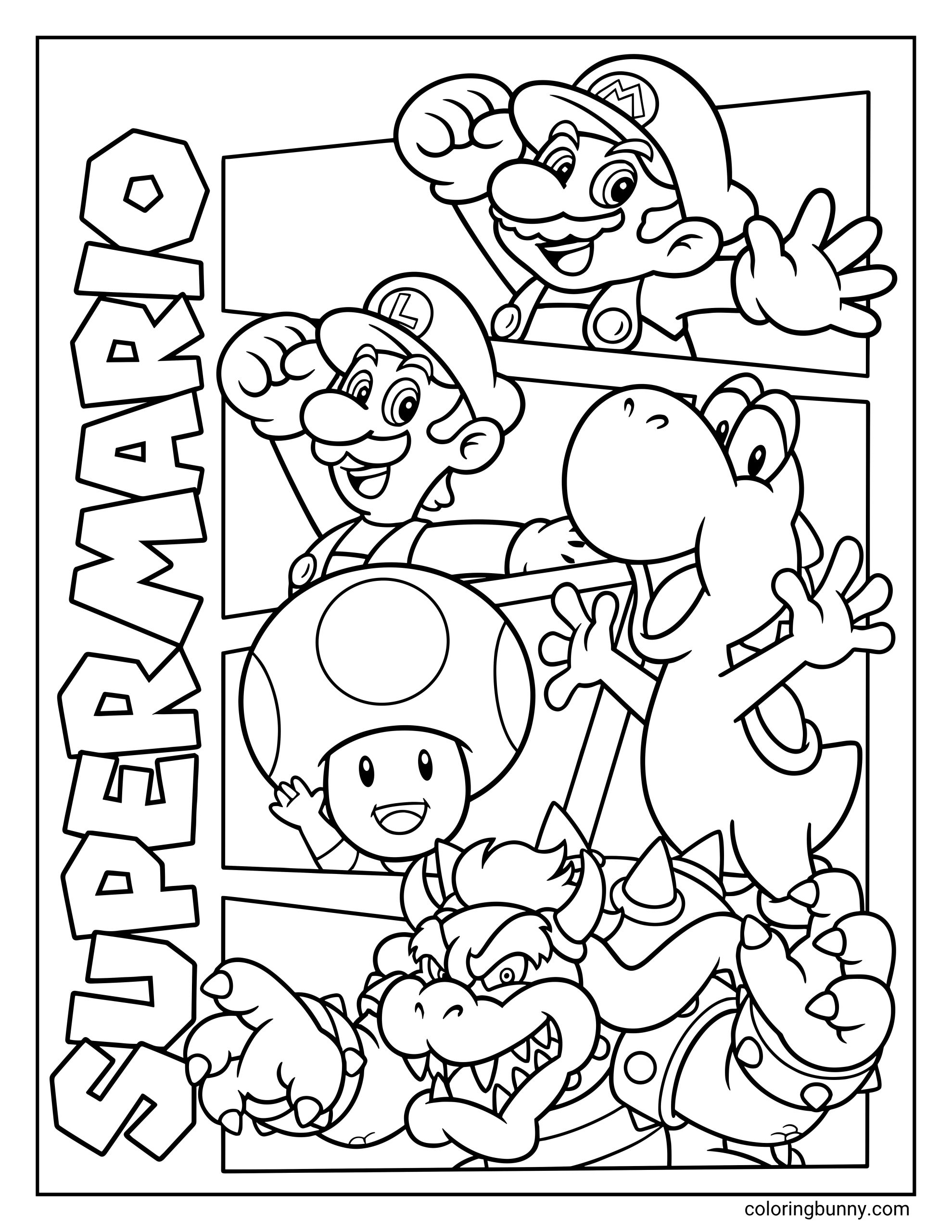 A coloring page featuring a collage of iconic Nintendo characters, with Mario, Luigi, Toad, and Yoshi appearing in stacked panels. At the bottom, a formidable Bowser reaches forward with a toothy grin, while "SUPER MARIO" is written in large block letters down the left side.