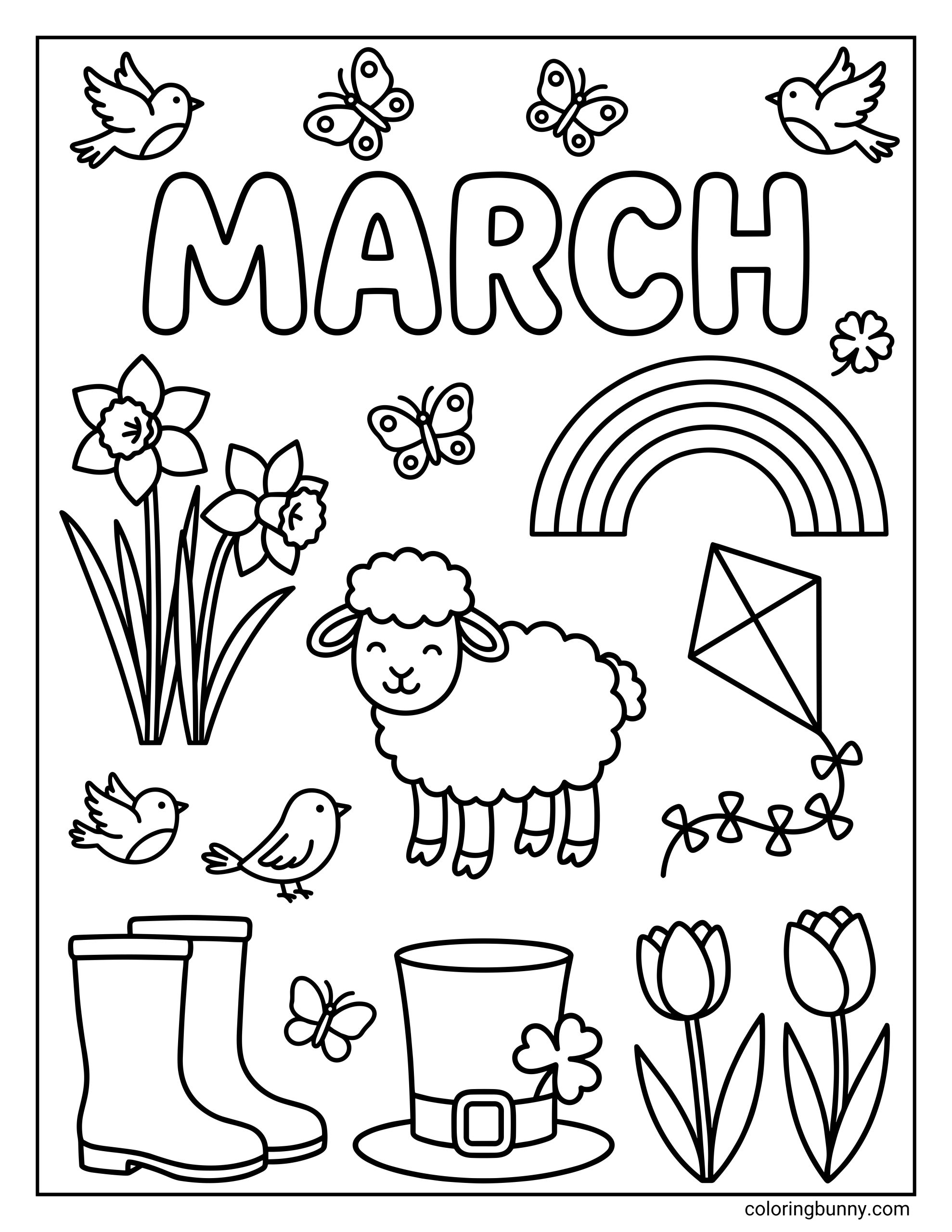 A coloring page of the word "MARCH" surrounded by spring items including a sheep, rainbow, kite, rain boots, leprechaun hat, birds, and flowers.